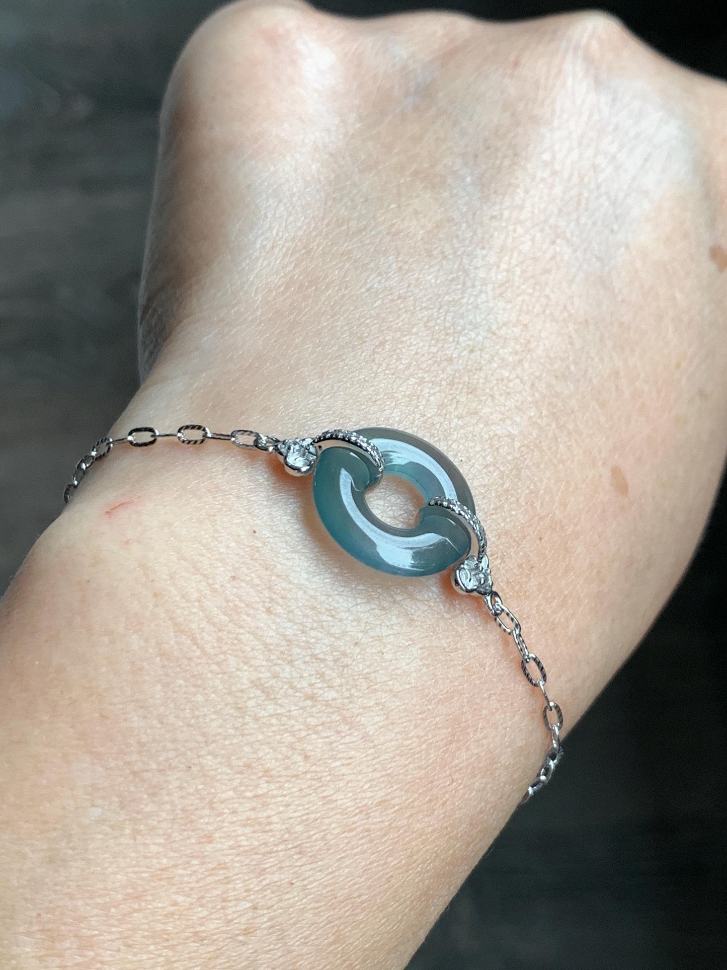 Natural Grade A Guatemalan Icy Translucent Teal Blue Jade Jadeite Ping An Kou Donut Bracelet Sterling Silver 6.25”-7.25” 天然冰危蓝翡翠平安扣手链WSL160B