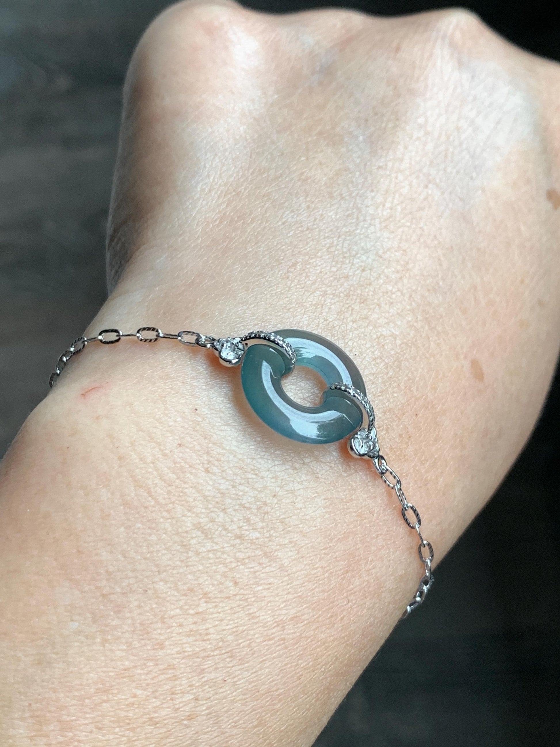 Natural Grade A Guatemalan Icy Translucent Teal Blue Jade Jadeite Ping An Kou Donut Bracelet Sterling Silver 6.25”-7.25” 天然冰危蓝翡翠平安扣手链WSL160B