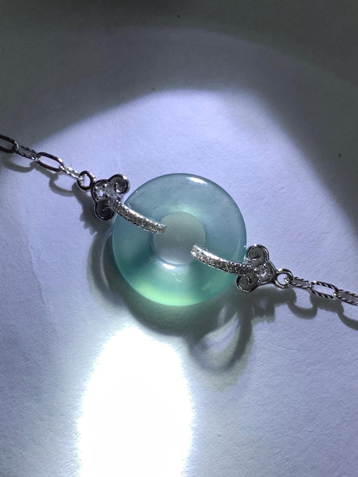 Natural Grade A Guatemalan Icy Translucent Teal Blue Jade Jadeite Ping An Kou Donut Bracelet Sterling Silver 6.25”-7.25” 天然冰危蓝翡翠平安扣手链WSL160B