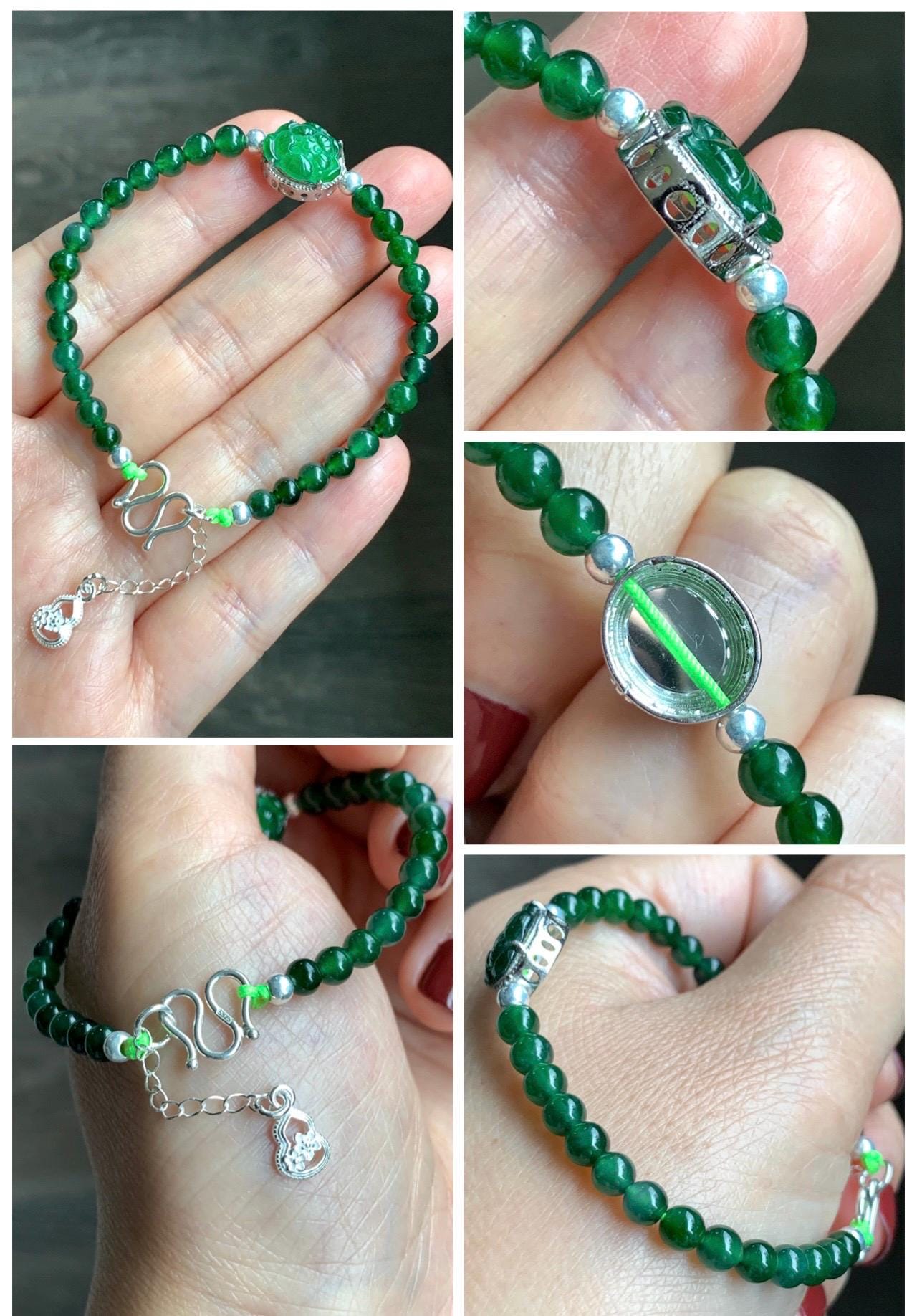 Natural Guatemalan Icy Translucent Vibrant Green Jade Jadeite Lotus Flower Beaded Bracelet Sterling Silver 6.25”-7.25” 天然冰危绿翡翠莲花绿珠手串 LLH365