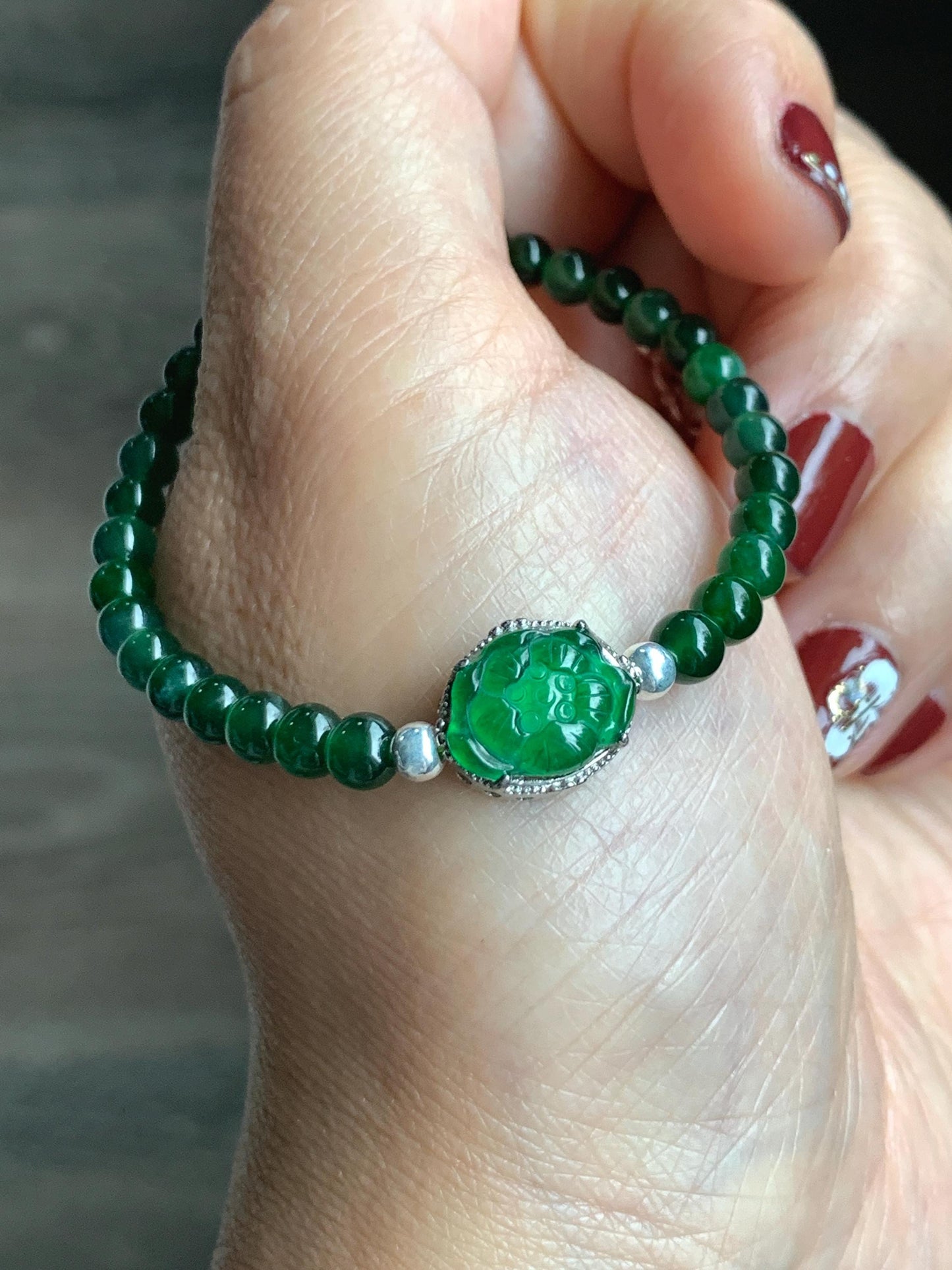 Natural Guatemalan Icy Translucent Vibrant Green Jade Jadeite Lotus Flower Beaded Bracelet Sterling Silver 6.25”-7.25” 天然冰危绿翡翠莲花绿珠手串 LLH365