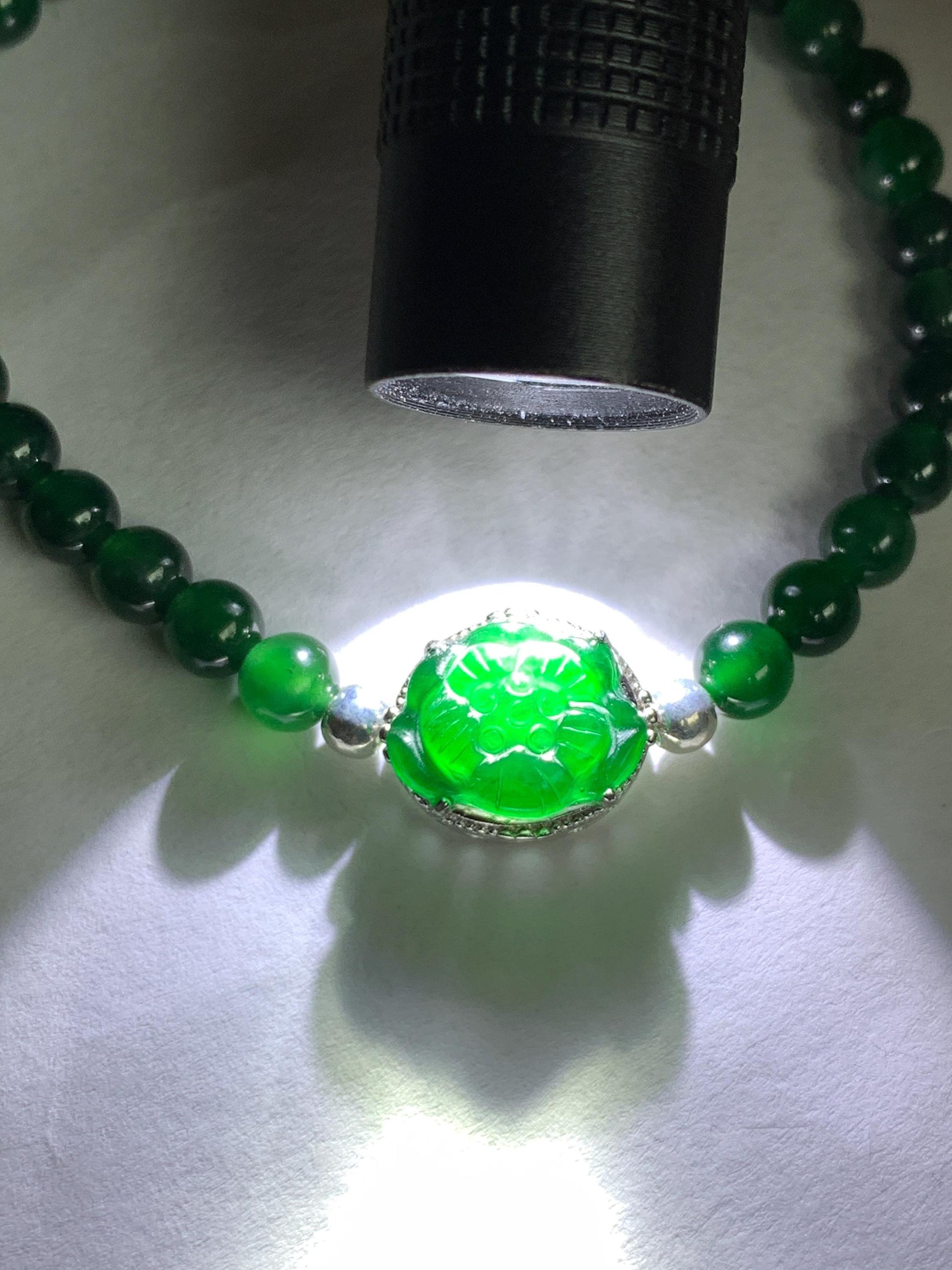 Natural Guatemalan Icy Translucent Vibrant Green Jade Jadeite Lotus Flower Beaded Bracelet Sterling Silver 6.25”-7.25” 天然冰危绿翡翠莲花绿珠手串 LLH365