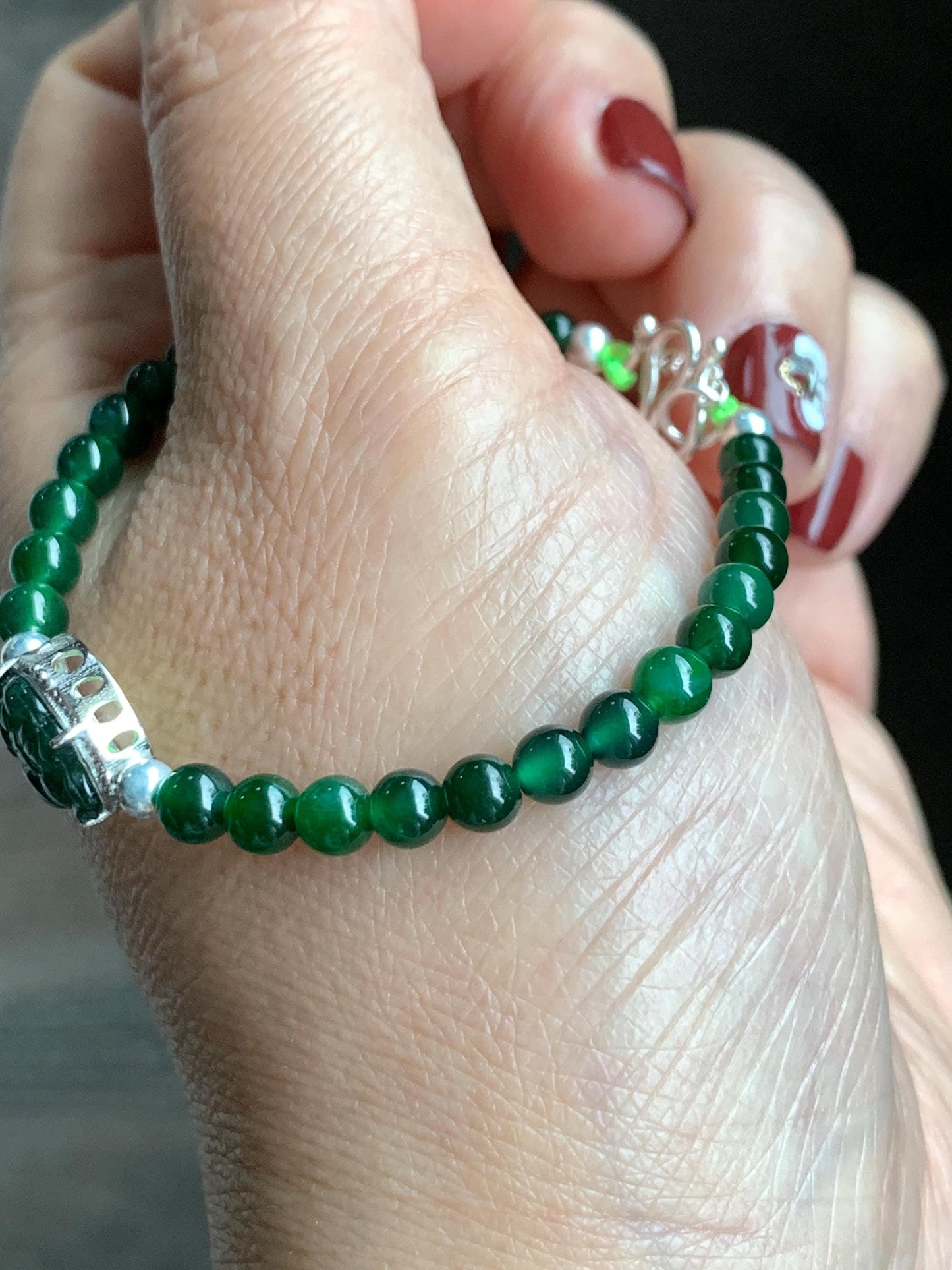 Natural Guatemalan Icy Translucent Vibrant Green Jade Jadeite Lotus Flower Beaded Bracelet Sterling Silver 6.25”-7.25” 天然冰危绿翡翠莲花绿珠手串 LLH365