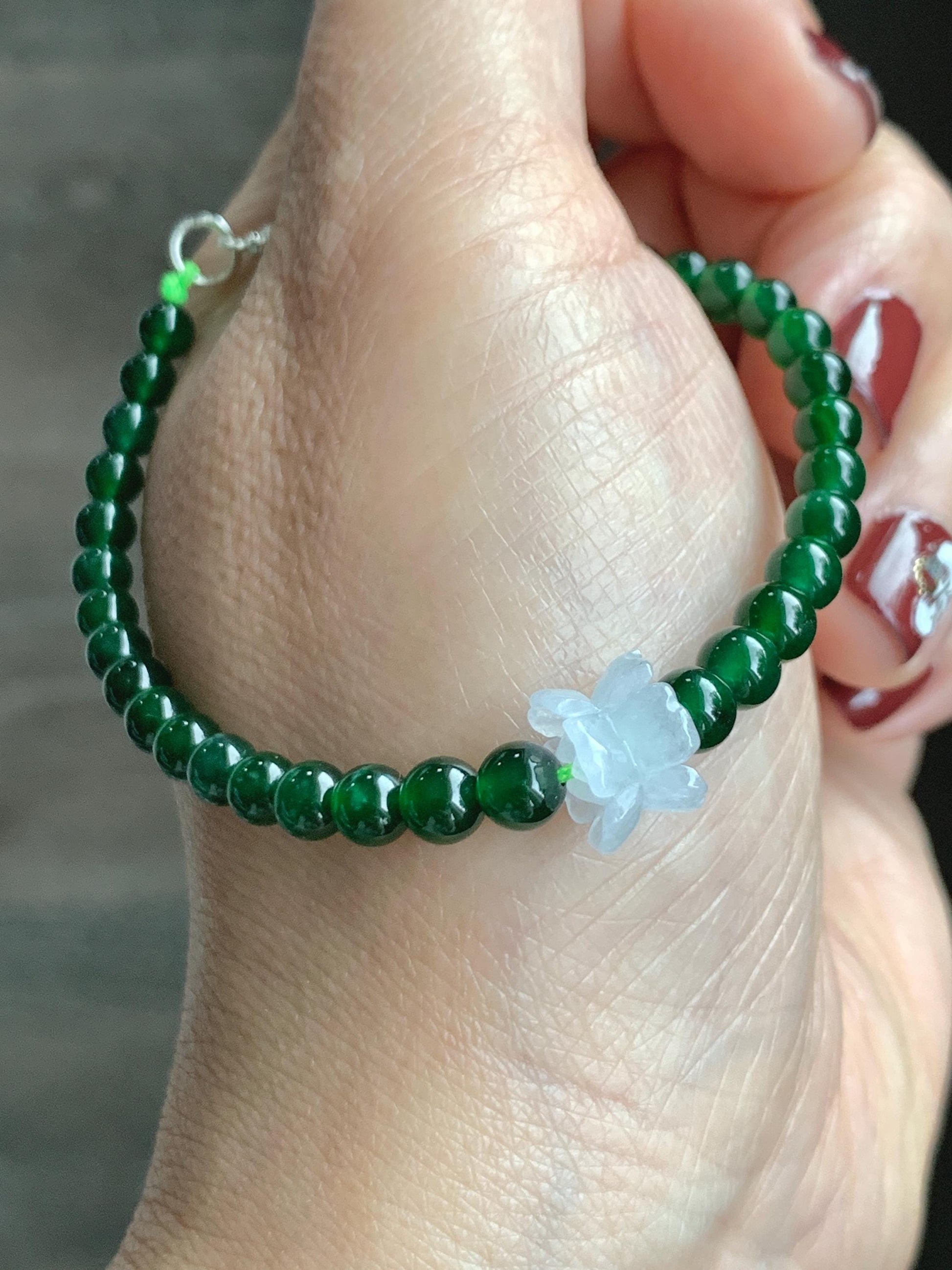 Natural Grade A Guatemalan Icy Translucent Vibrant Green Jade Jadeite White Joint Lotus Flowers Beaded Bracelet 6.75” 天然冰危绿翡翠圆珠白冰手串并蒂莲手串 BLL