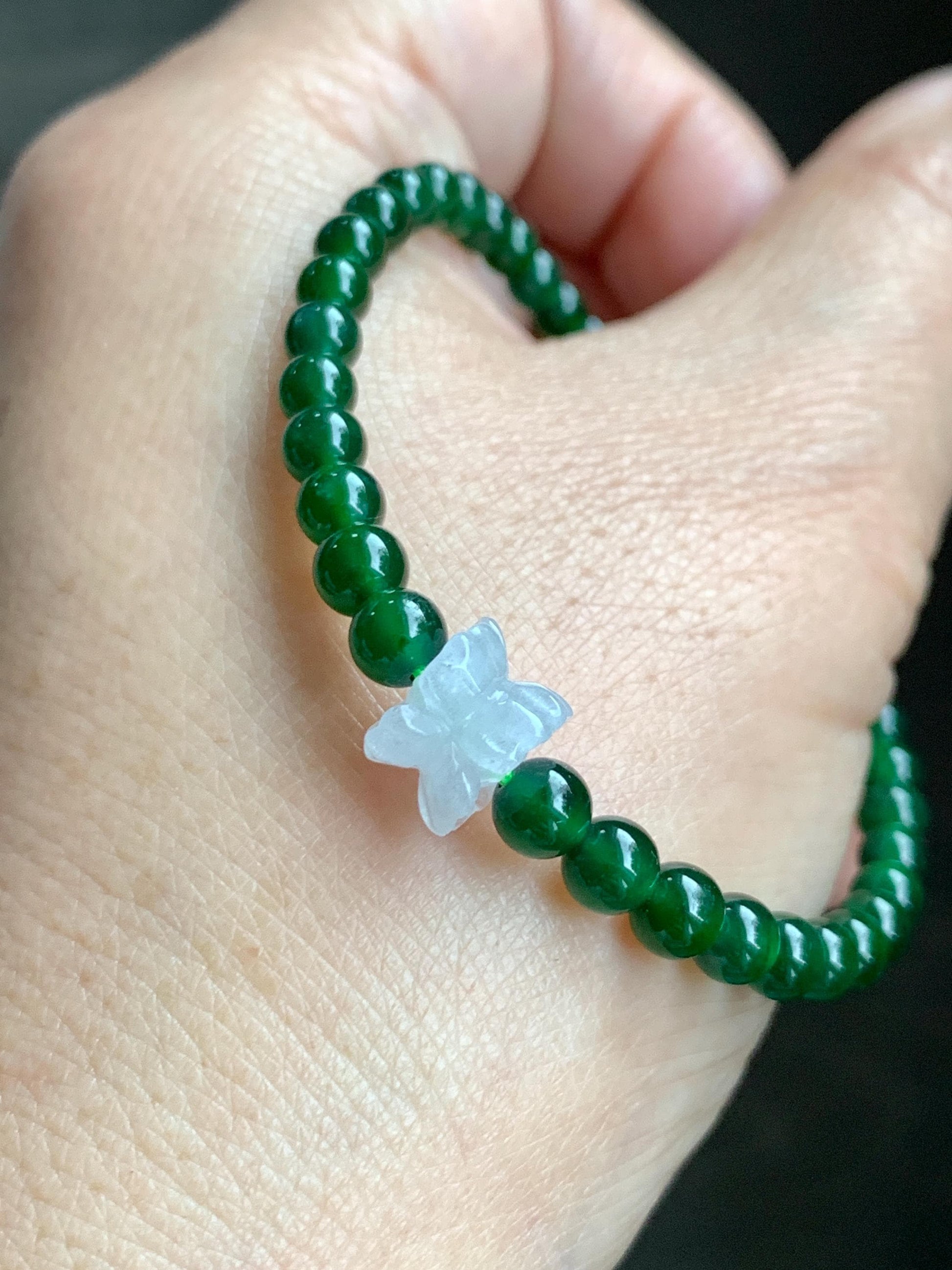 Natural Grade A Guatemalan Icy Translucent Vibrant Green Jade Jadeite White Joint Lotus Flowers Beaded Bracelet 6.75” 天然冰危绿翡翠圆珠白冰手串并蒂莲手串 BLL