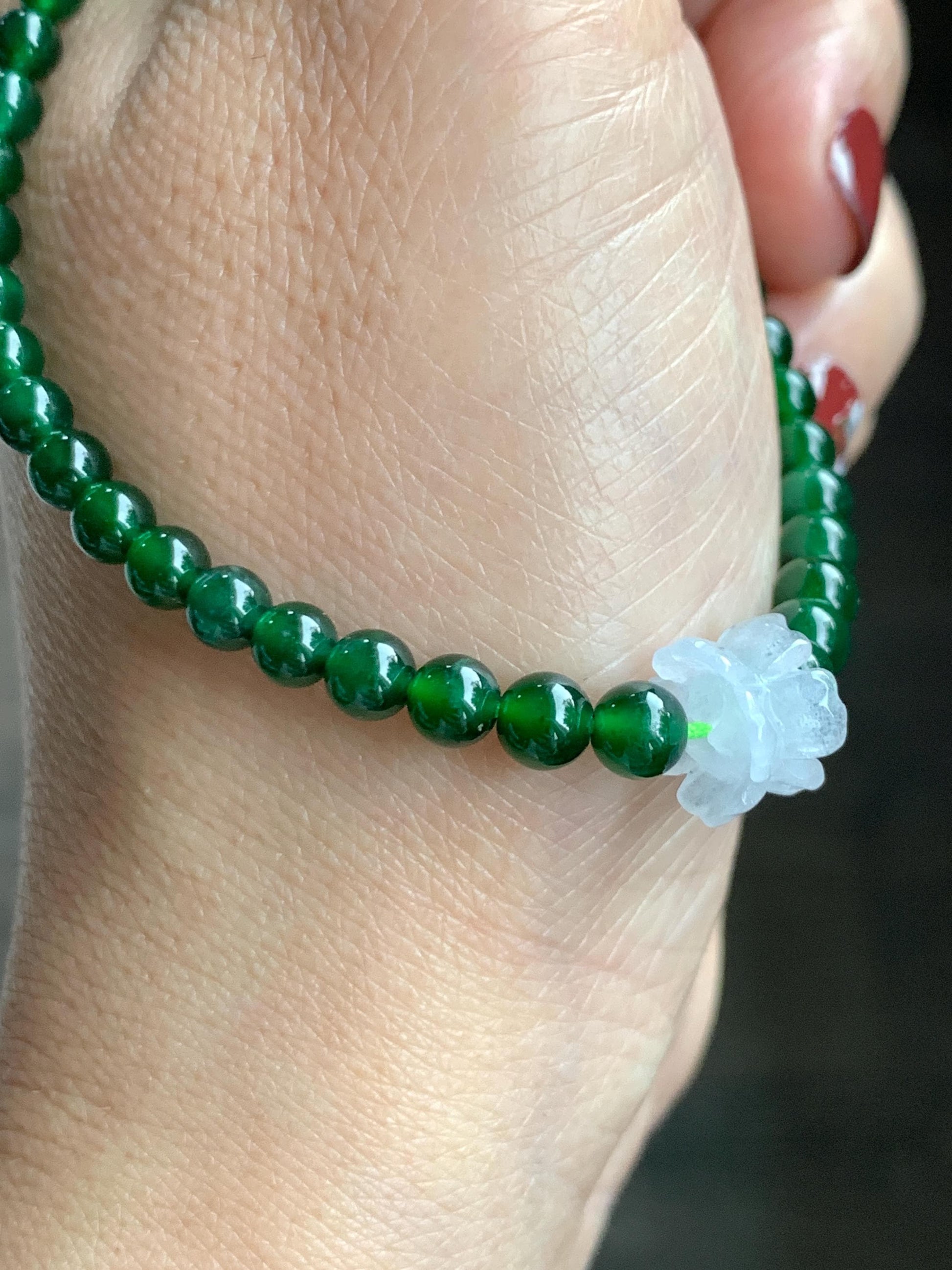 Natural Grade A Guatemalan Icy Translucent Vibrant Green Jade Jadeite White Joint Lotus Flowers Beaded Bracelet 6.75” 天然冰危绿翡翠圆珠白冰手串并蒂莲手串 BLL