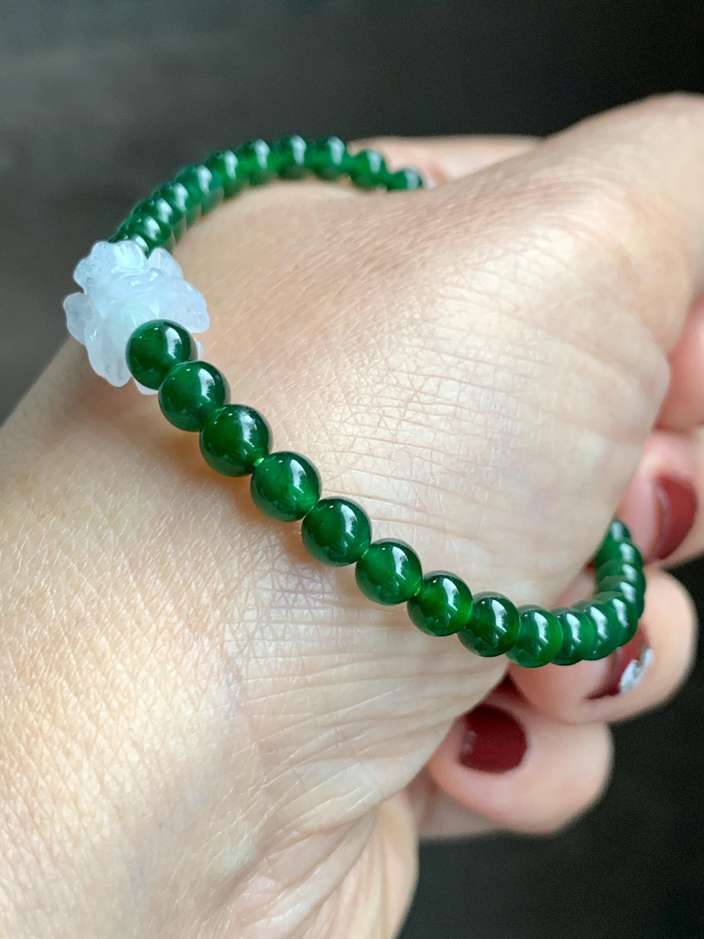 Natural Grade A Guatemalan Icy Translucent Vibrant Green Jade Jadeite White Joint Lotus Flowers Beaded Bracelet 6.75” 天然冰危绿翡翠圆珠白冰手串并蒂莲手串 BLL