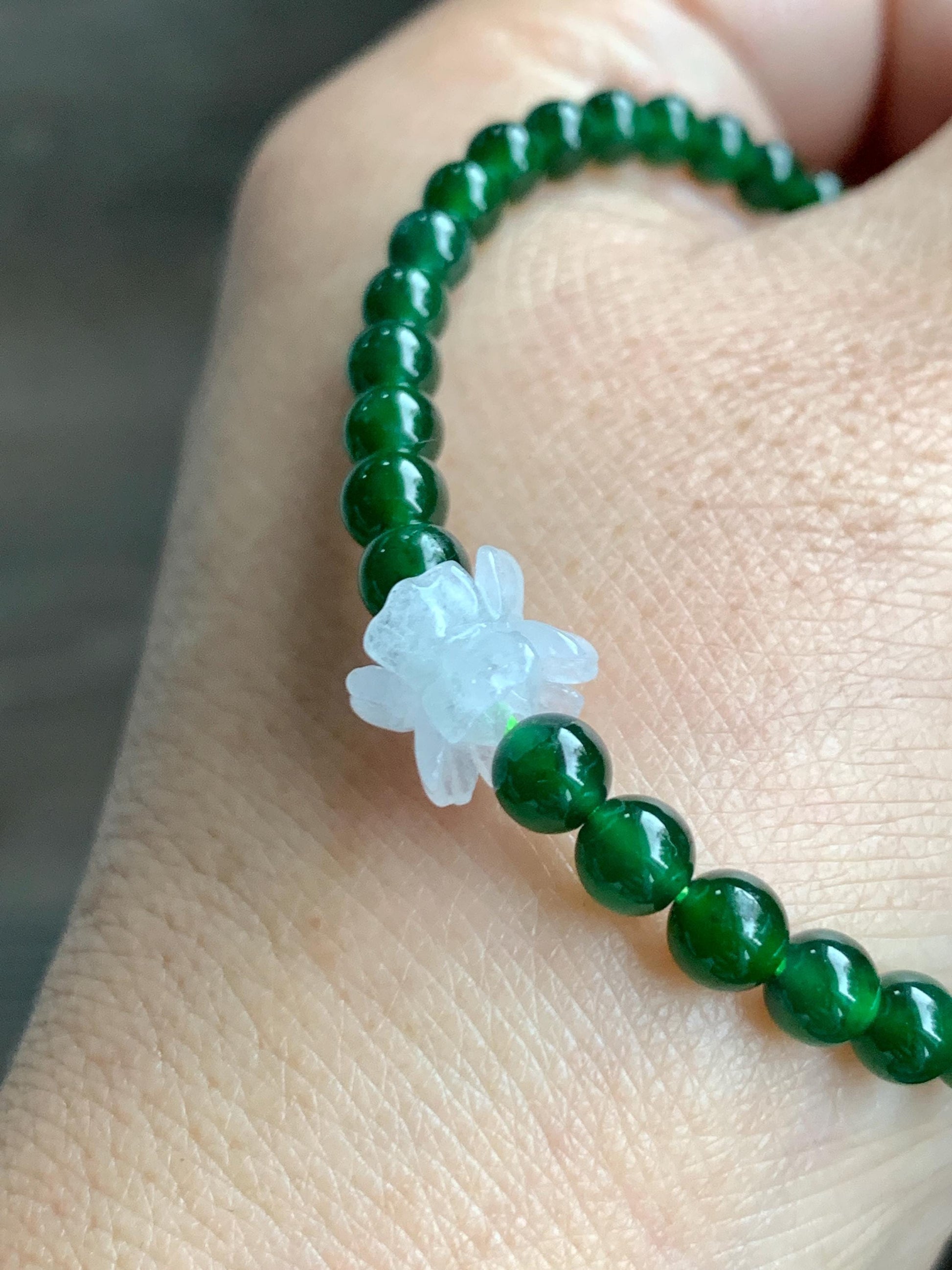 Natural Grade A Guatemalan Icy Translucent Vibrant Green Jade Jadeite White Joint Lotus Flowers Beaded Bracelet 6.75” 天然冰危绿翡翠圆珠白冰手串并蒂莲手串 BLL
