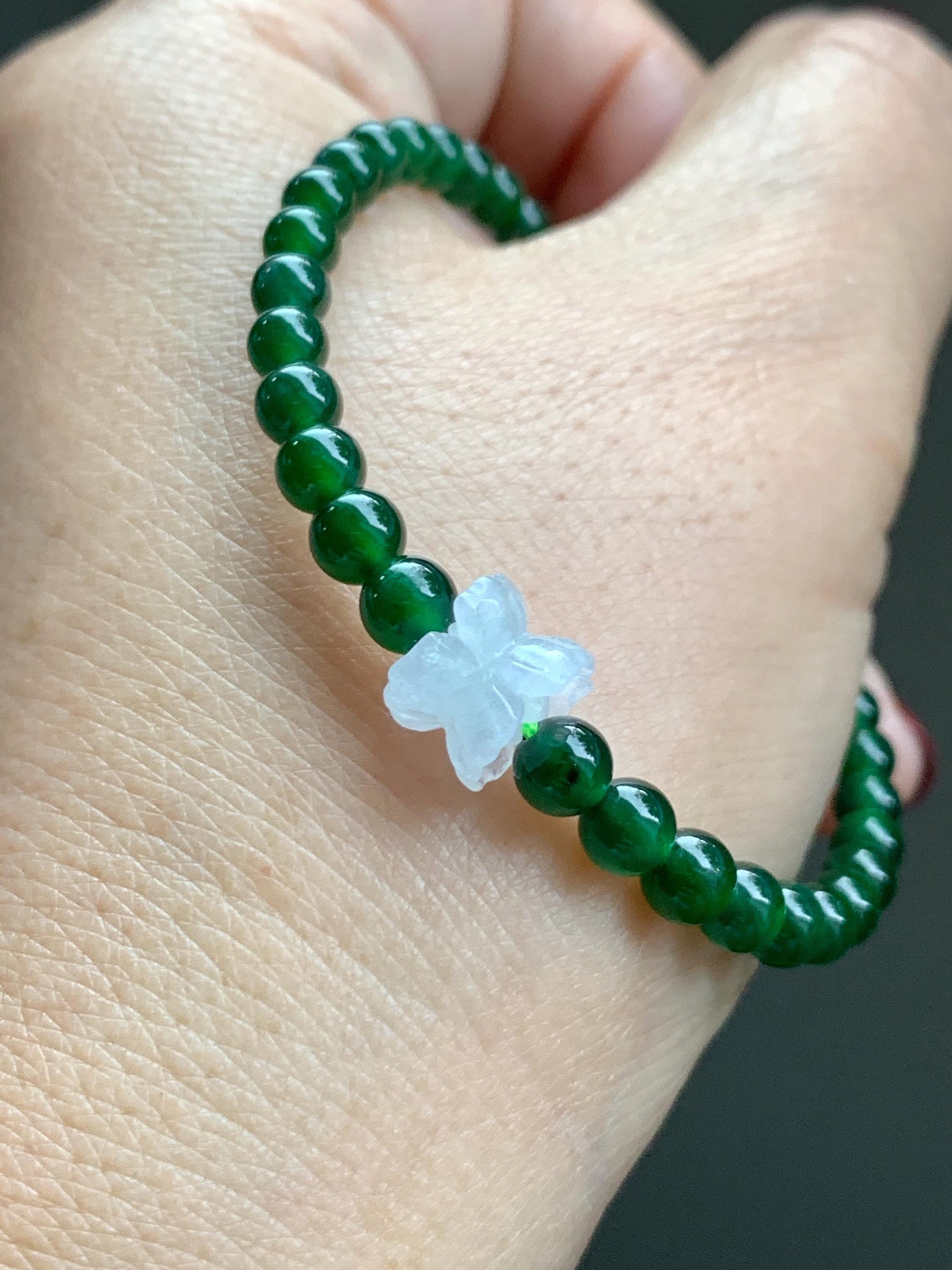 Natural Grade A Guatemalan Icy Translucent Vibrant Green Jade Jadeite White Joint Lotus Flowers Beaded Bracelet 6.75” 天然冰危绿翡翠圆珠白冰手串并蒂莲手串 BLL