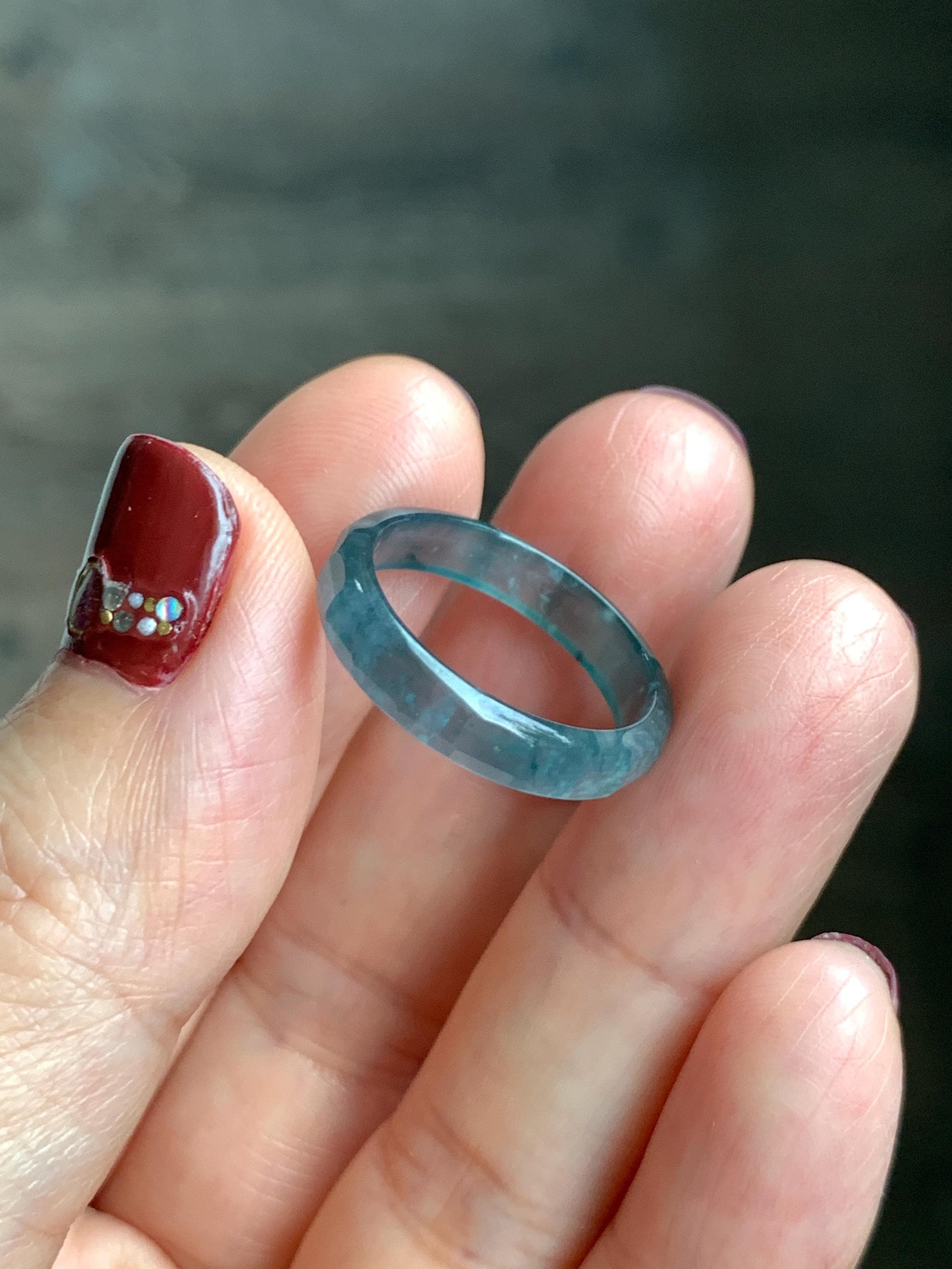 Natural Grade A Guatemalan Icy Highly Translucent Teal Blue Jade Jadeite Faceted Band Ring Size 6.75 US 天然冰危蓝起光翡翠切割面戒圈 QGM220B