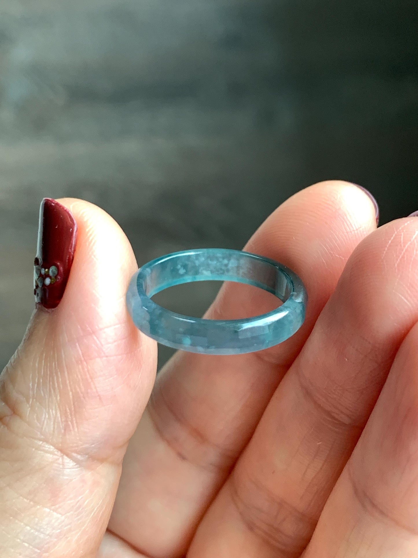 Natural Grade A Guatemalan Icy Highly Translucent Teal Blue Jade Jadeite Faceted Band Ring Size 6.75 US 天然冰危蓝起光翡翠切割面戒圈 QGM220B