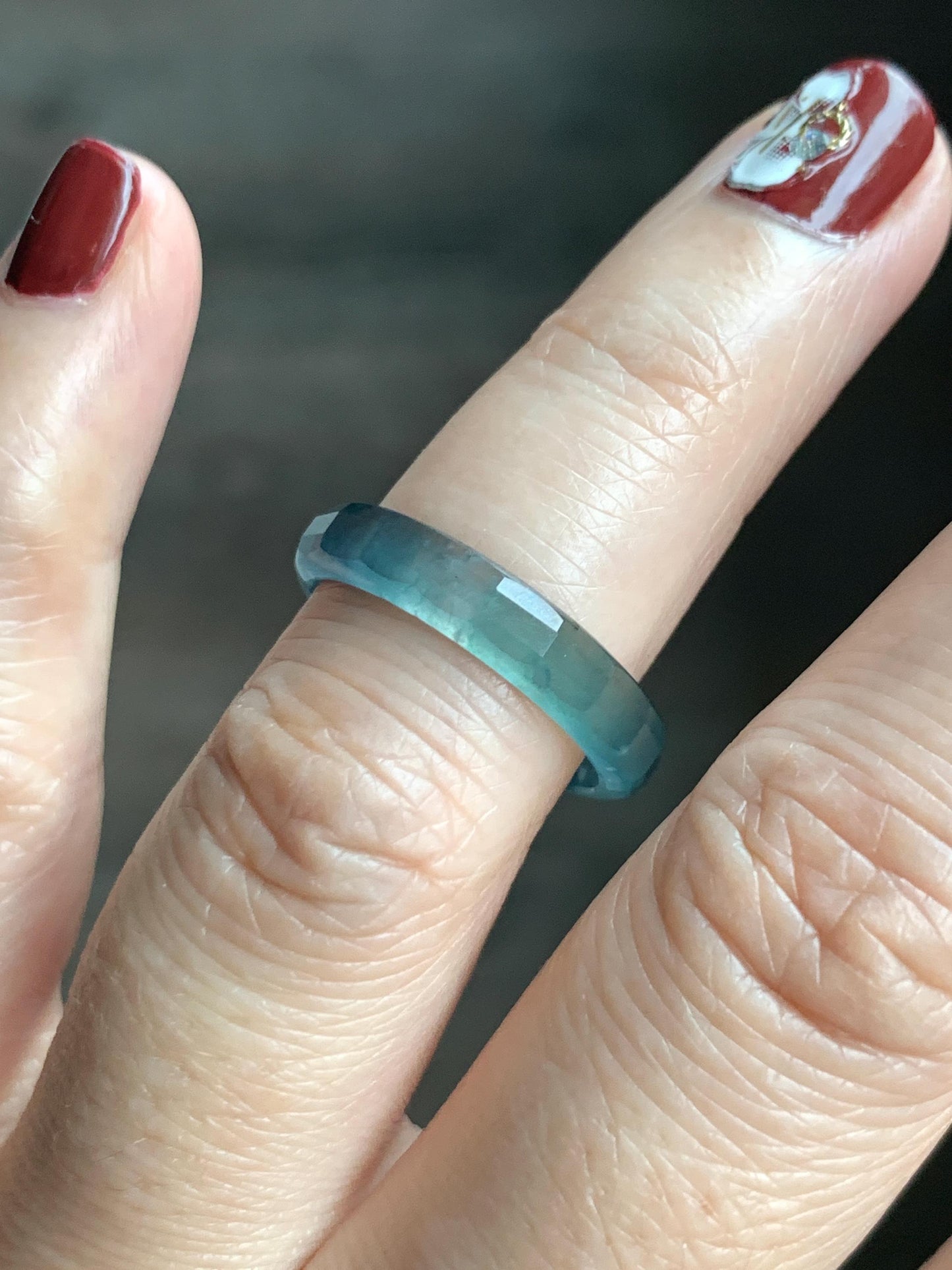 Natural Grade A Guatemalan Icy Highly Translucent Teal Blue Jade Jadeite Faceted Band Ring Size 6.75 US 天然冰危蓝起光翡翠切割面戒圈 QGM220B