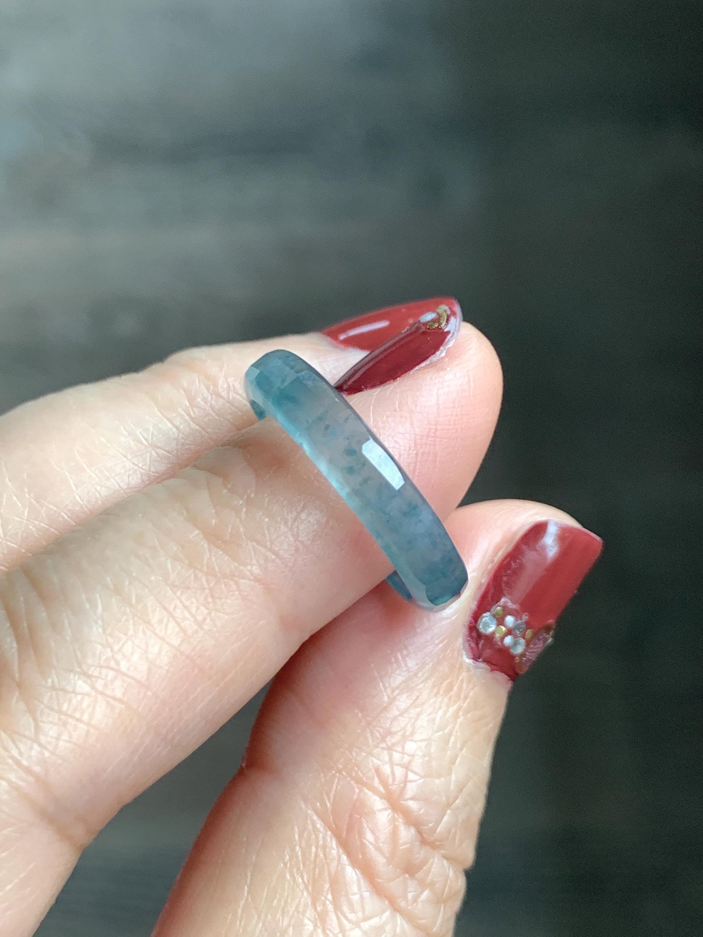 Natural Grade A Guatemalan Icy Highly Translucent Teal Blue Jade Jadeite Faceted Band Ring Size 6.75 US 天然冰危蓝起光翡翠切割面戒圈 QGM220B