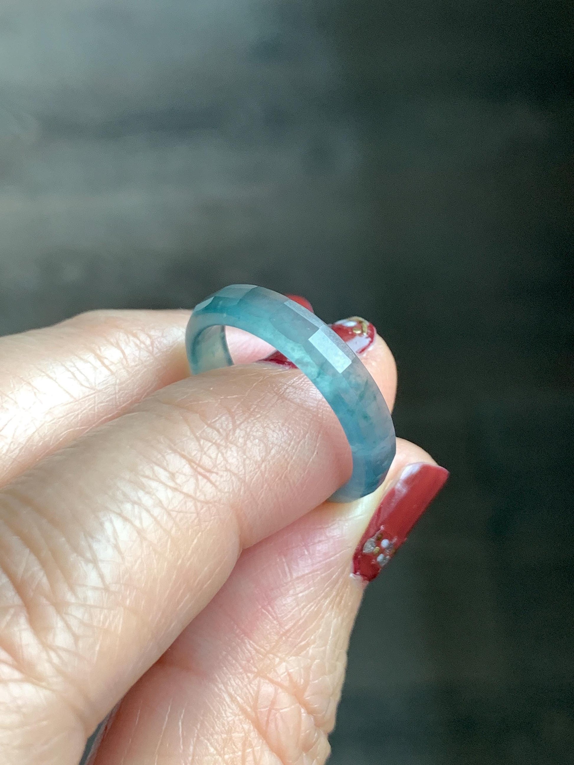 Natural Grade A Guatemalan Icy Highly Translucent Teal Blue Jade Jadeite Faceted Band Ring Size 6.75 US 天然冰危蓝起光翡翠切割面戒圈 QGM220B