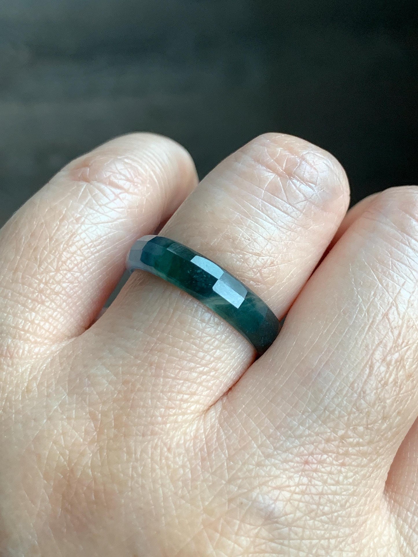 Natural Grade A Guatemalan Icy Highly Translucent Teal Blue Green Marbled Jade Jadeite Faceted Band Ring Size 8.75 US 天然冰危蓝起光翡翠切割面戒圈 QGM220C