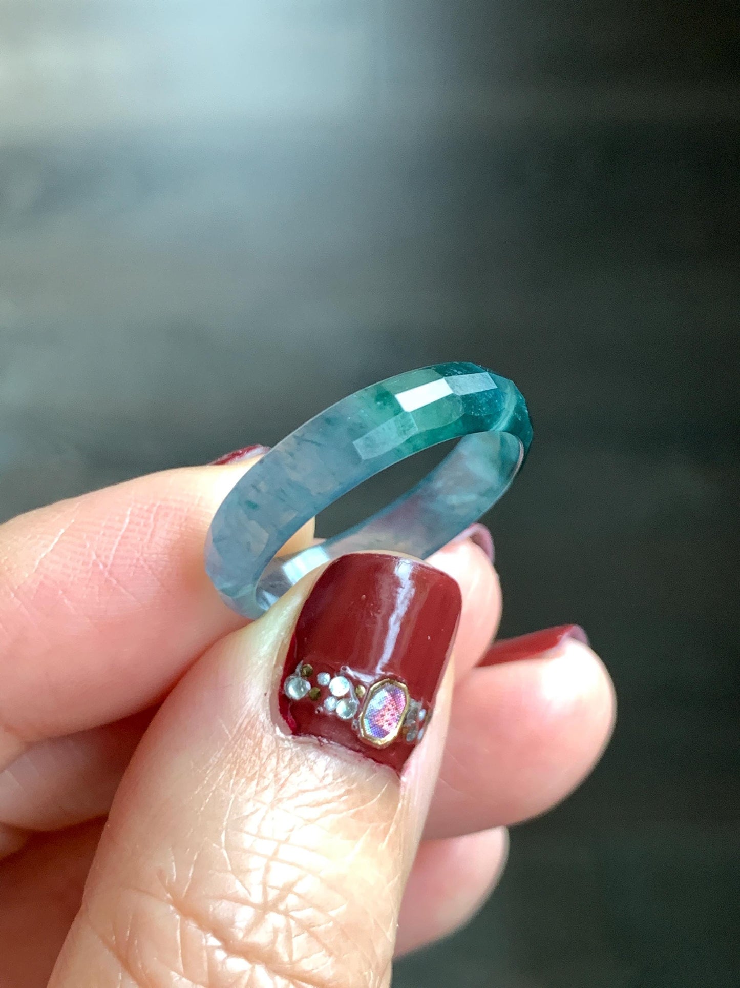 Natural Grade A Guatemalan Icy Highly Translucent Teal Blue Green Marbled Jade Jadeite Faceted Band Ring Size 8.75 US 天然冰危蓝起光翡翠切割面戒圈 QGM220C