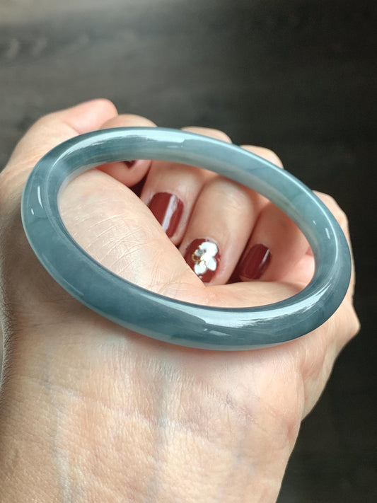 Certified Natural Grade A Guatemalan Icy Translucent Dusty Blue Marbled Jade Jadeite Bangle Bracelet 54.52mm 6.73” 30.44 天然冰危蓝飘花翡翠圆条手镯 290
