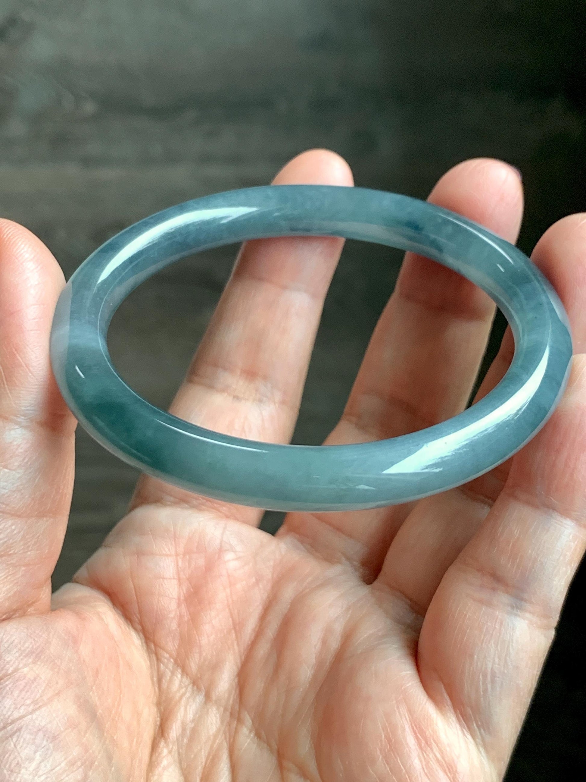 Certified Natural Grade A Guatemalan Icy Translucent Dusty Blue Marbled Jade Jadeite Bangle Bracelet 54.52mm 6.73” 30.44 天然冰危蓝飘花翡翠圆条手镯 290