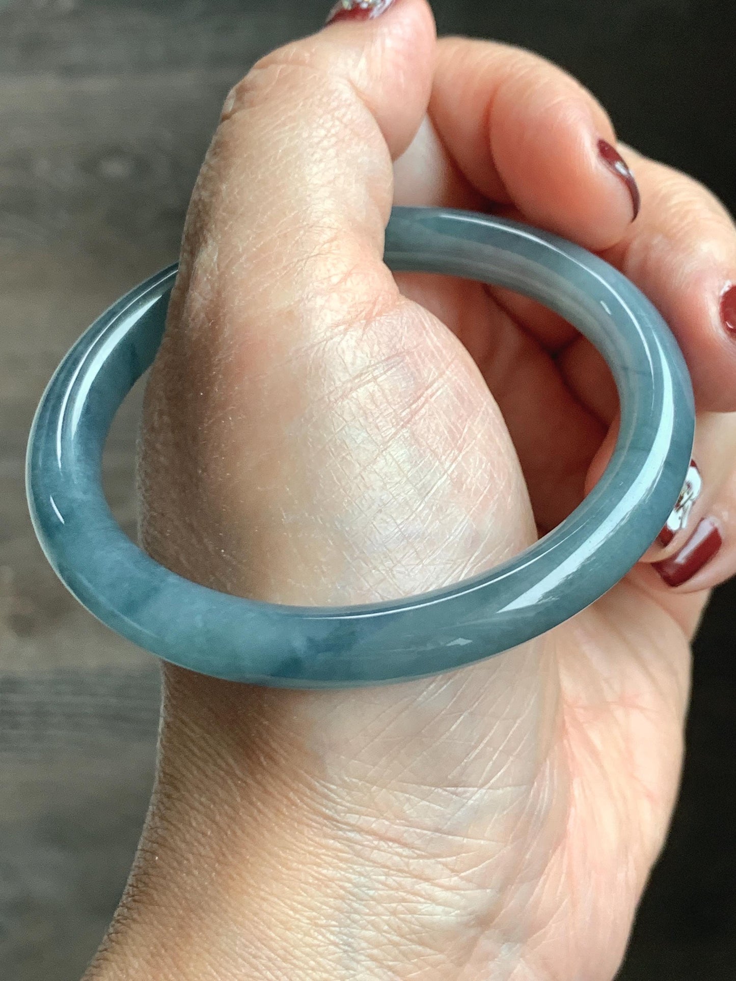 Certified Natural Grade A Guatemalan Icy Translucent Dusty Blue Marbled Jade Jadeite Bangle Bracelet 54.52mm 6.73” 30.44 天然冰危蓝飘花翡翠圆条手镯 290
