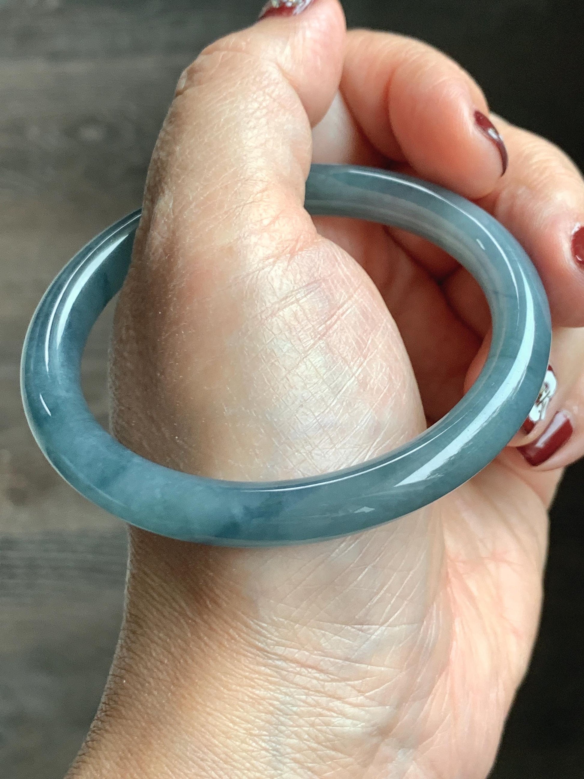Certified Natural Grade A Guatemalan Icy Translucent Dusty Blue Marbled Jade Jadeite Bangle Bracelet 54.52mm 6.73” 30.44 天然冰危蓝飘花翡翠圆条手镯 290