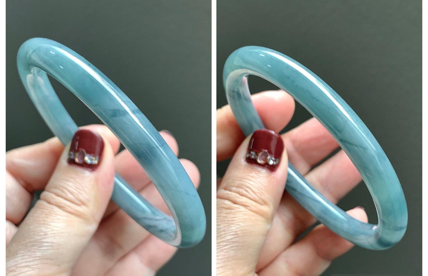 Certified Natural Grade A Guatemalan Icy Translucent Dusty Blue Marbled Jade Jadeite Bangle Bracelet 58.61mm 7.25” 32.2g 天然冰危蓝飘花翡翠圆条手镯 288