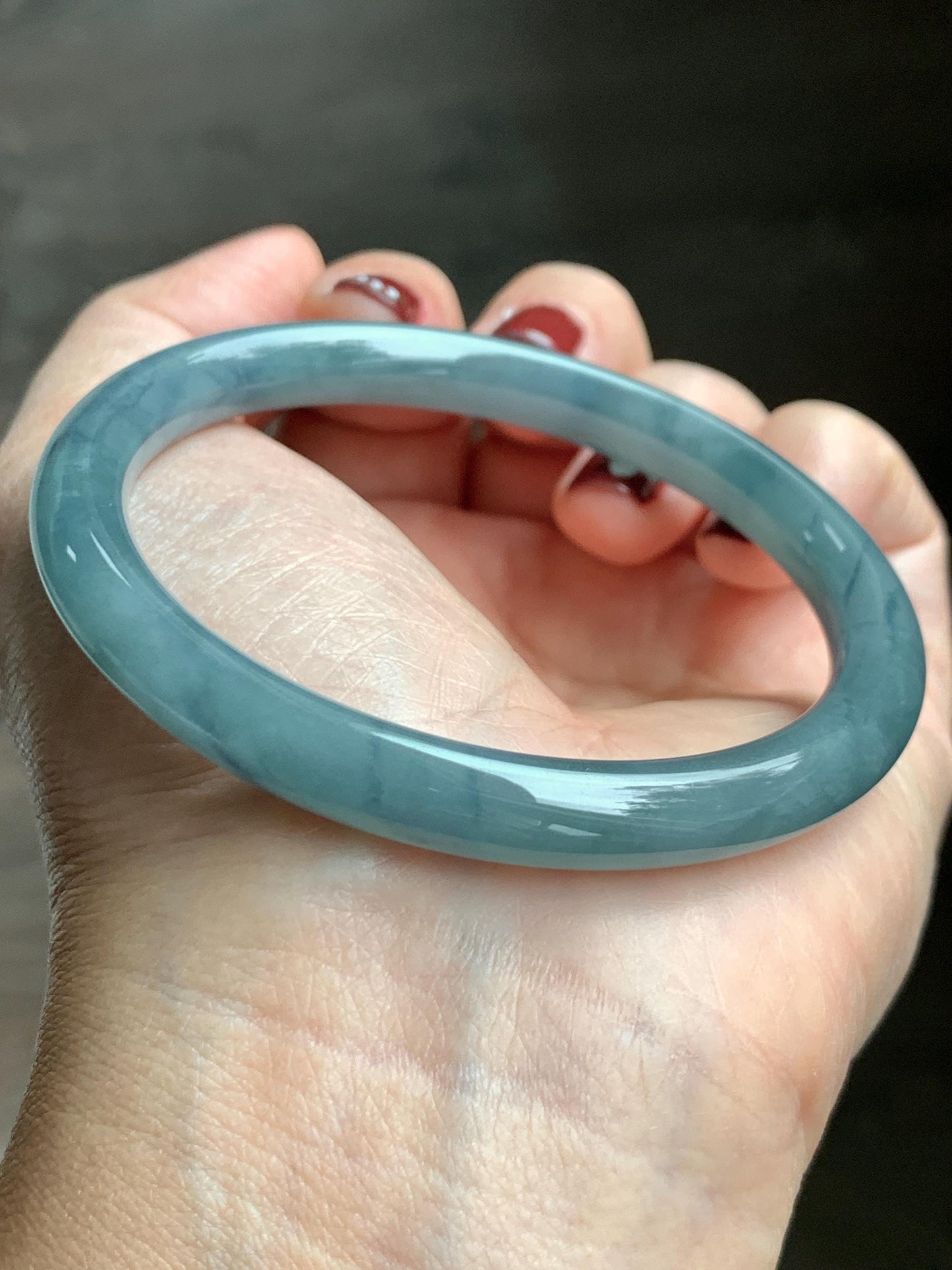 Certified Natural Grade A Guatemalan Icy Translucent Dusty Blue Marbled Jade Jadeite Bangle Bracelet 58.61mm 7.25” 32.2g 天然冰危蓝飘花翡翠圆条手镯 288