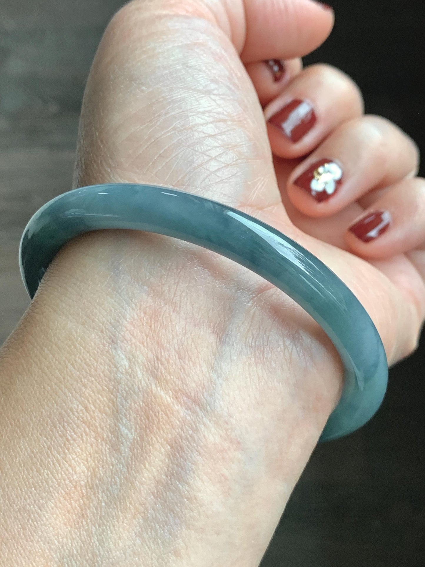 Certified Natural Grade A Guatemalan Icy Translucent Dusty Blue Marbled Jade Jadeite Bangle Bracelet 58.61mm 7.25” 32.2g 天然冰危蓝飘花翡翠圆条手镯 288