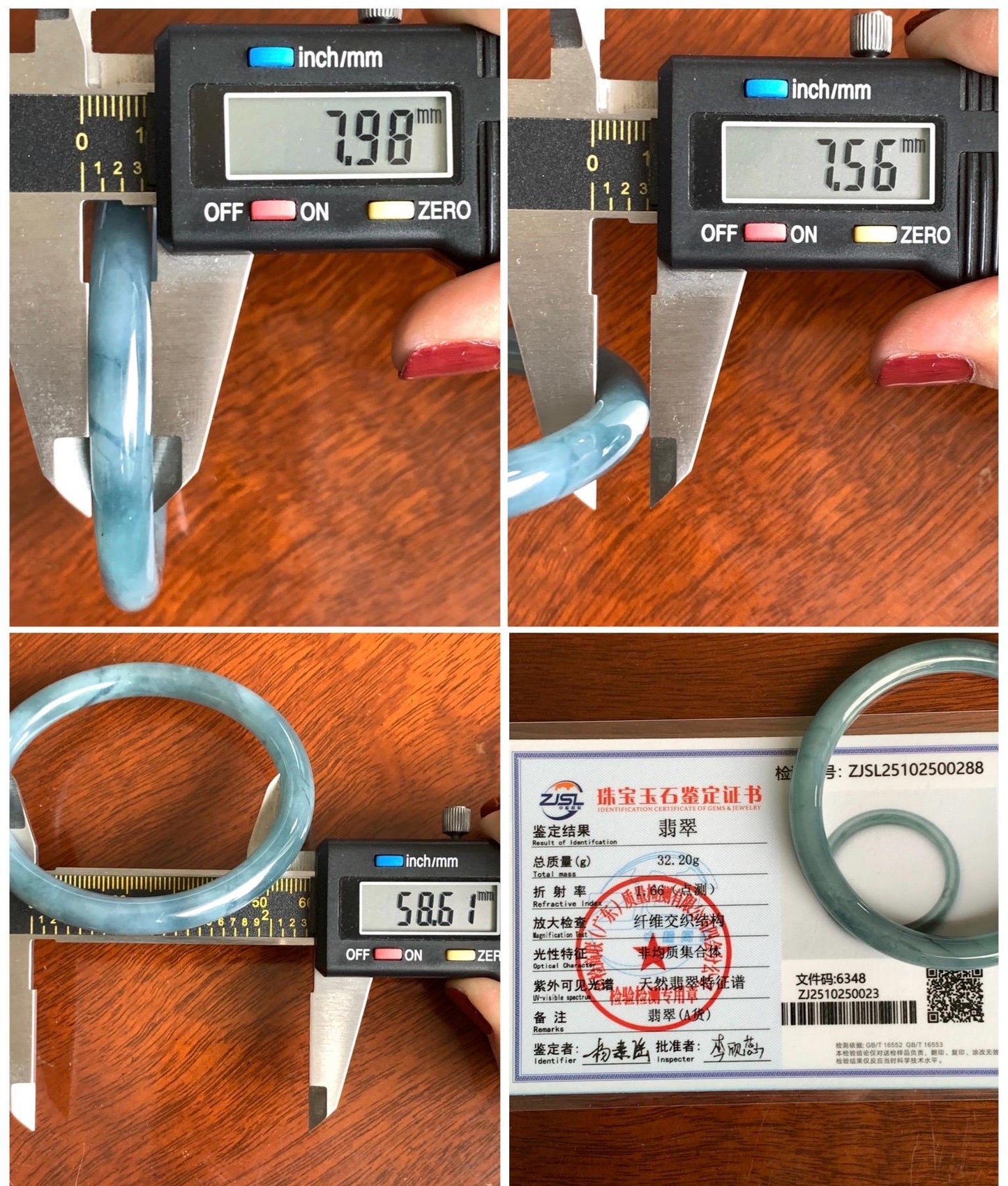 Certified Natural Grade A Guatemalan Icy Translucent Dusty Blue Marbled Jade Jadeite Bangle Bracelet 58.61mm 7.25” 32.2g 天然冰危蓝飘花翡翠圆条手镯 288