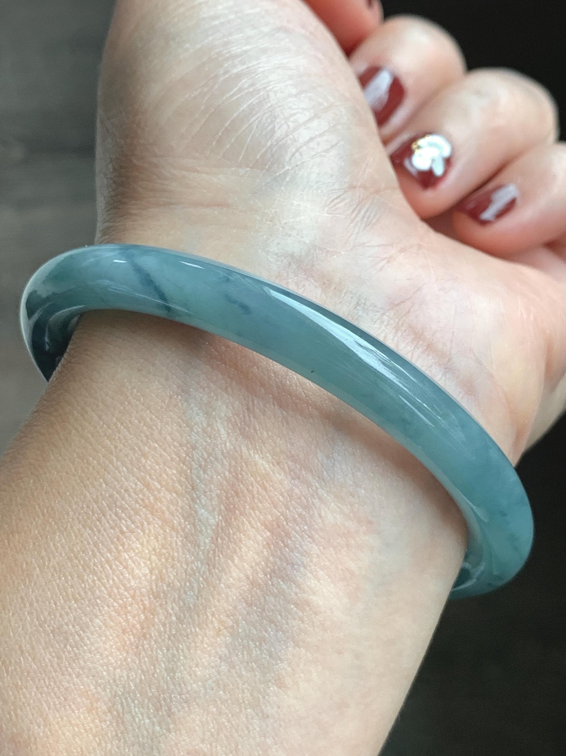 Certified Natural Grade A Guatemalan Icy Translucent Dusty Blue Marbled Jade Jadeite Bangle Bracelet 58.61mm 7.25” 32.2g 天然冰危蓝飘花翡翠圆条手镯 288