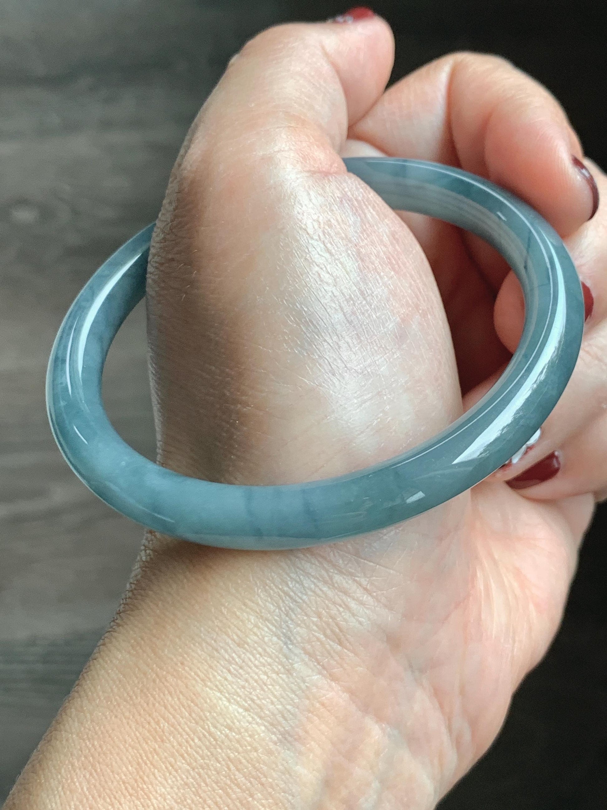 Certified Natural Grade A Guatemalan Icy Translucent Dusty Blue Marbled Jade Jadeite Bangle Bracelet 58.61mm 7.25” 32.2g 天然冰危蓝飘花翡翠圆条手镯 288
