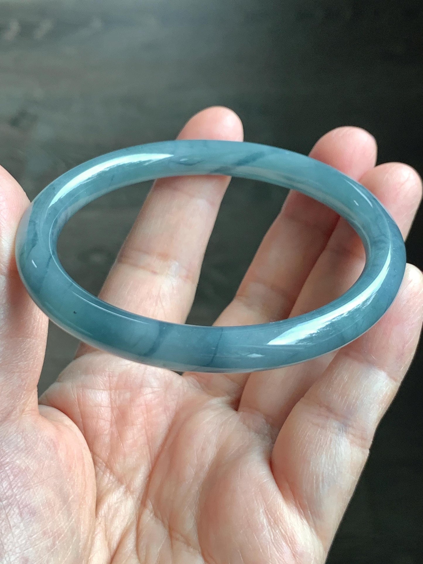 Certified Natural Grade A Guatemalan Icy Translucent Dusty Blue Marbled Jade Jadeite Bangle Bracelet 58.61mm 7.25” 32.2g 天然冰危蓝飘花翡翠圆条手镯 288