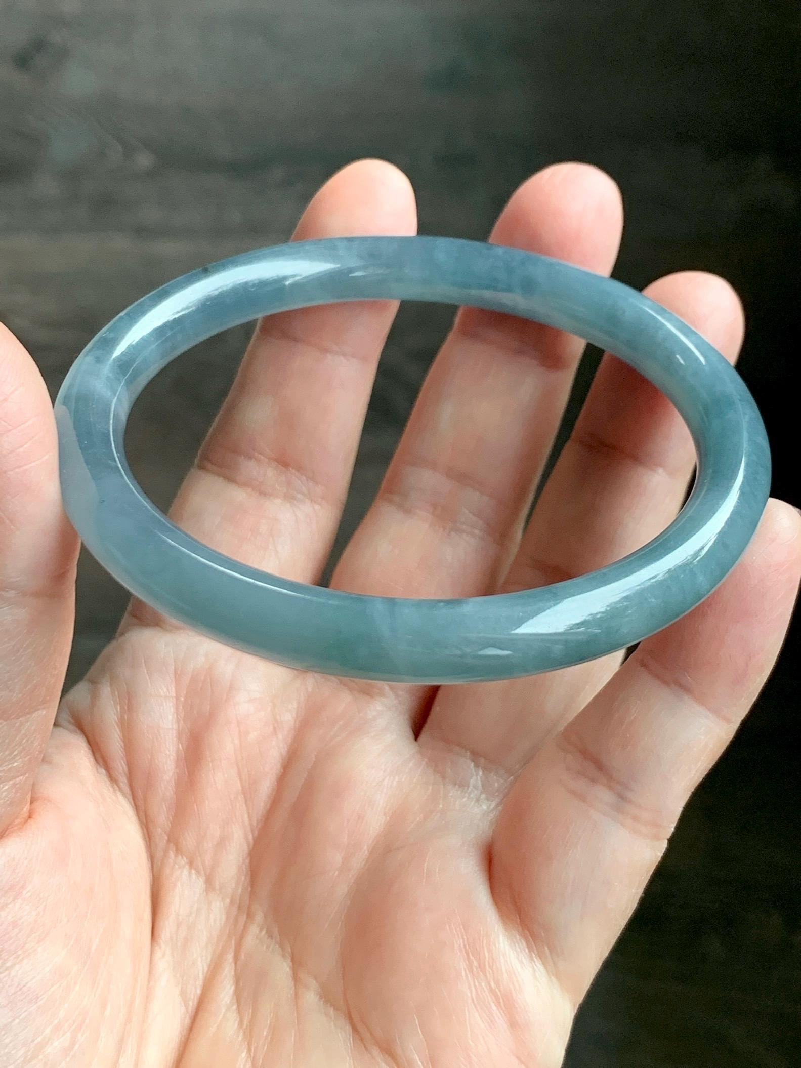 Certified Natural Grade A Guatemalan Icy Translucent Dusty Blue Marbled Jade Jadeite Bangle Bracelet 58.53mm 7.23” 30.3g 天然冰危蓝飘花翡翠圆条手镯 726
