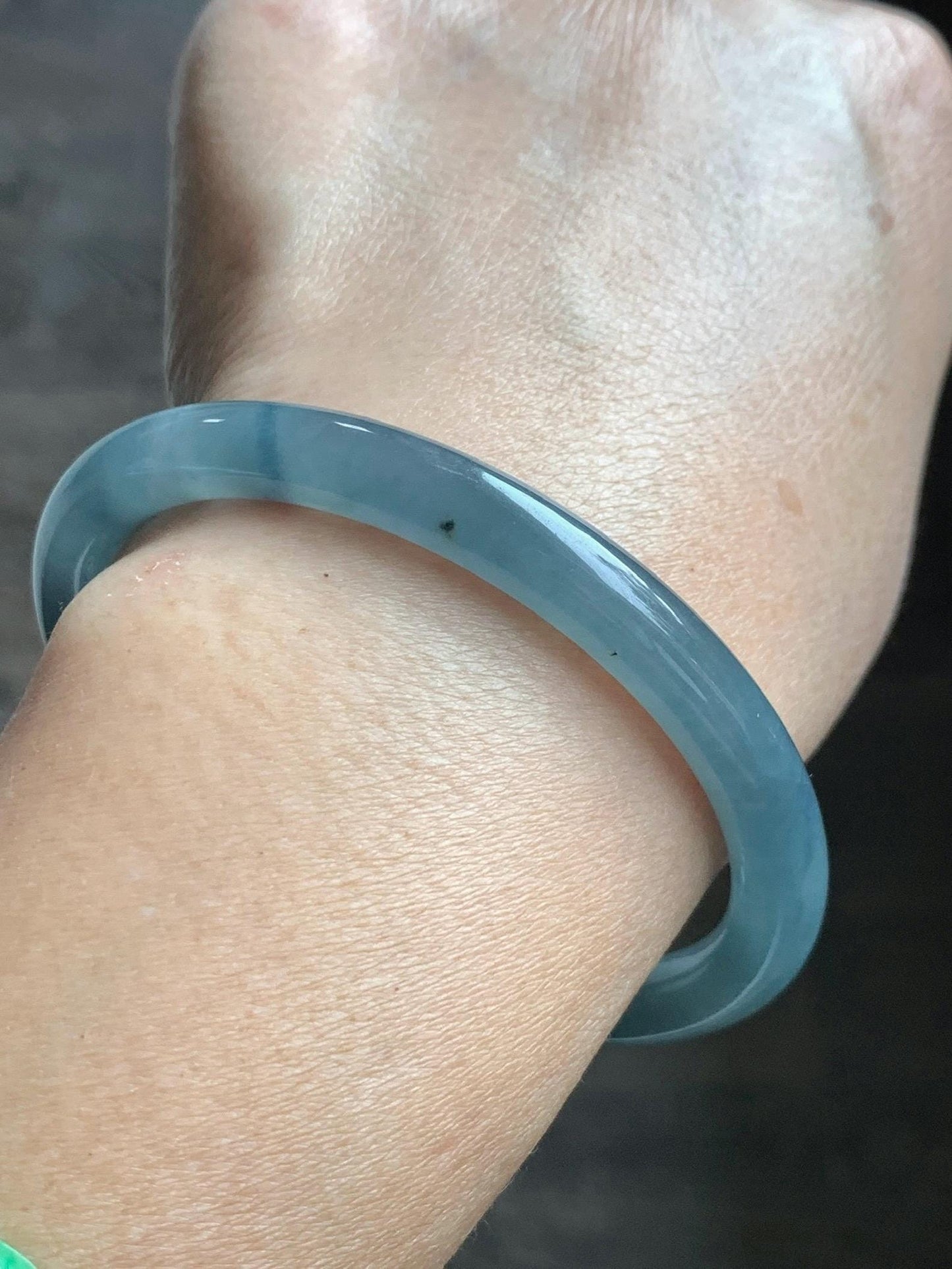 Certified Natural Grade A Guatemalan Icy Translucent Dusty Blue Marbled Jade Jadeite Bangle Bracelet 58.53mm 7.23” 30.3g 天然冰危蓝飘花翡翠圆条手镯 726