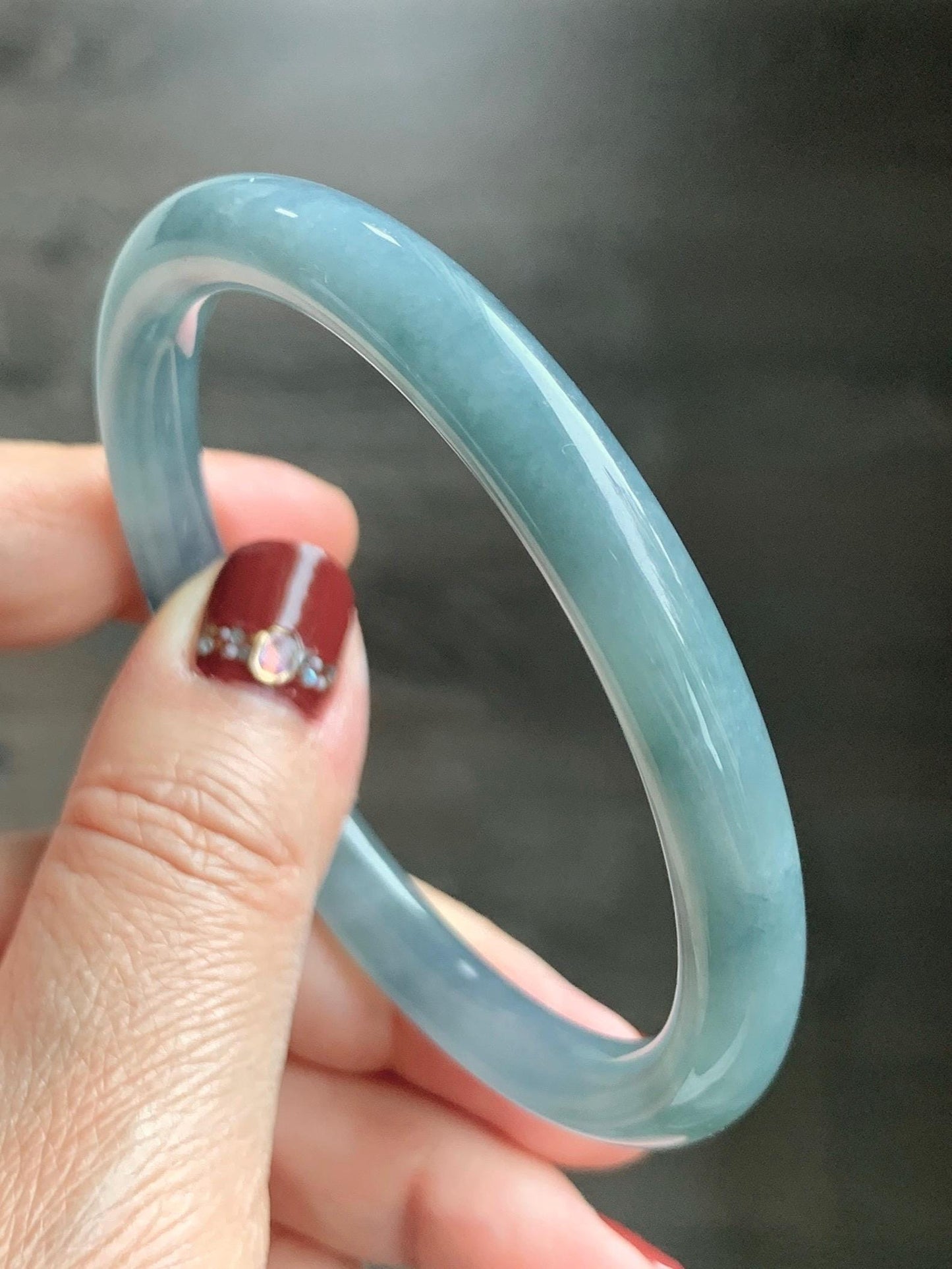 Certified Natural Grade A Guatemalan Icy Translucent Dusty Blue Marbled Jade Jadeite Bangle Bracelet 58.53mm 7.23” 30.3g 天然冰危蓝飘花翡翠圆条手镯 726