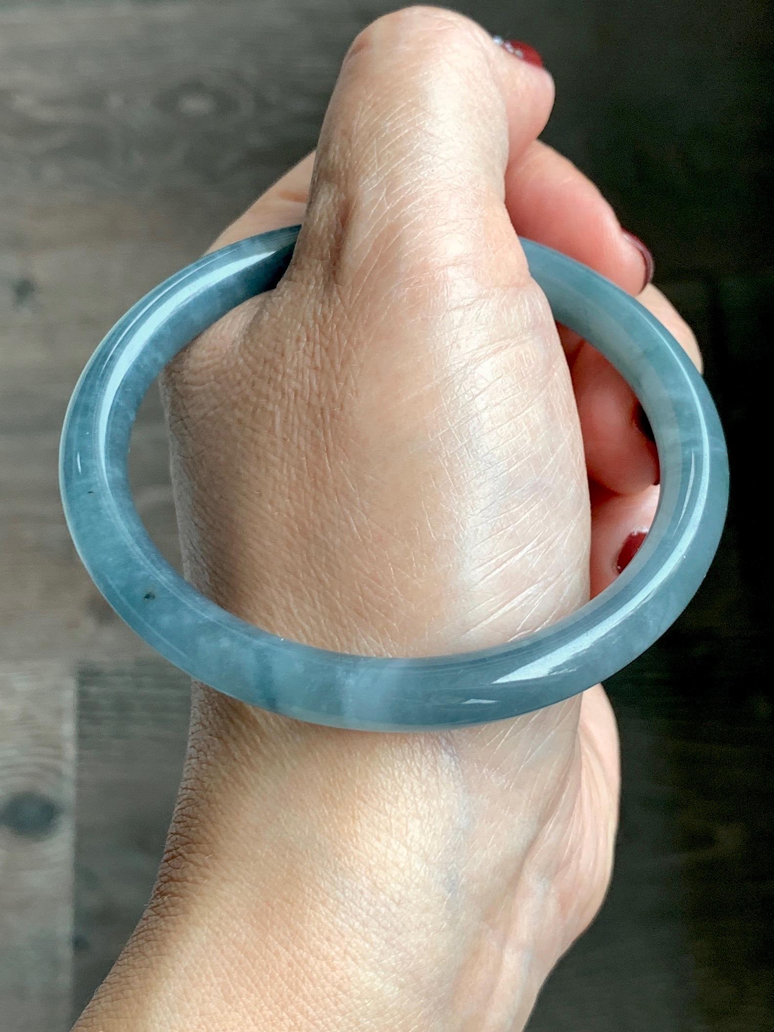 Certified Natural Grade A Guatemalan Icy Translucent Dusty Blue Marbled Jade Jadeite Bangle Bracelet 58.53mm 7.23” 30.3g 天然冰危蓝飘花翡翠圆条手镯 726