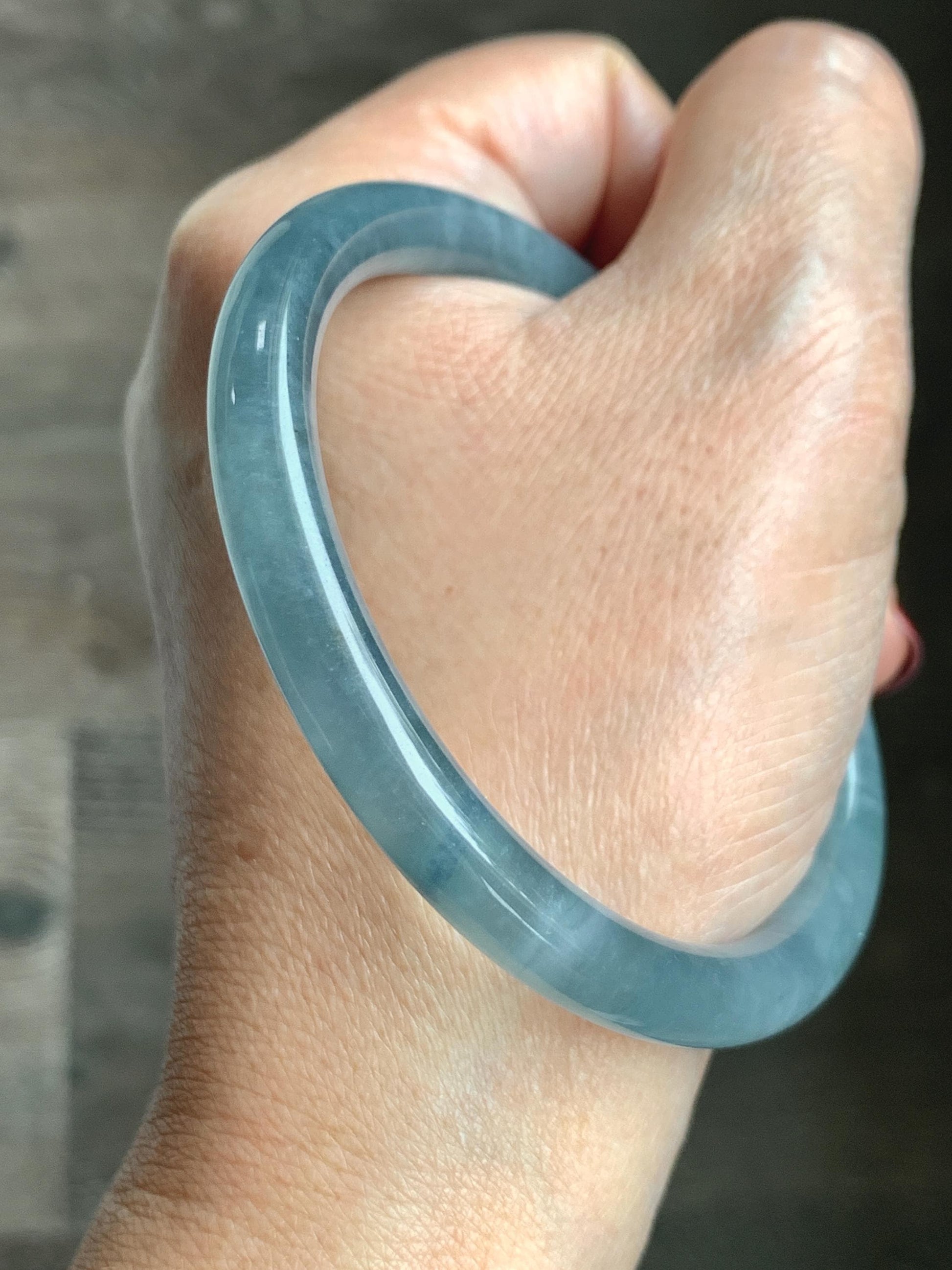 Certified Natural Grade A Guatemalan Icy Translucent Dusty Blue Marbled Jade Jadeite Bangle Bracelet 58.53mm 7.23” 30.3g 天然冰危蓝飘花翡翠圆条手镯 726