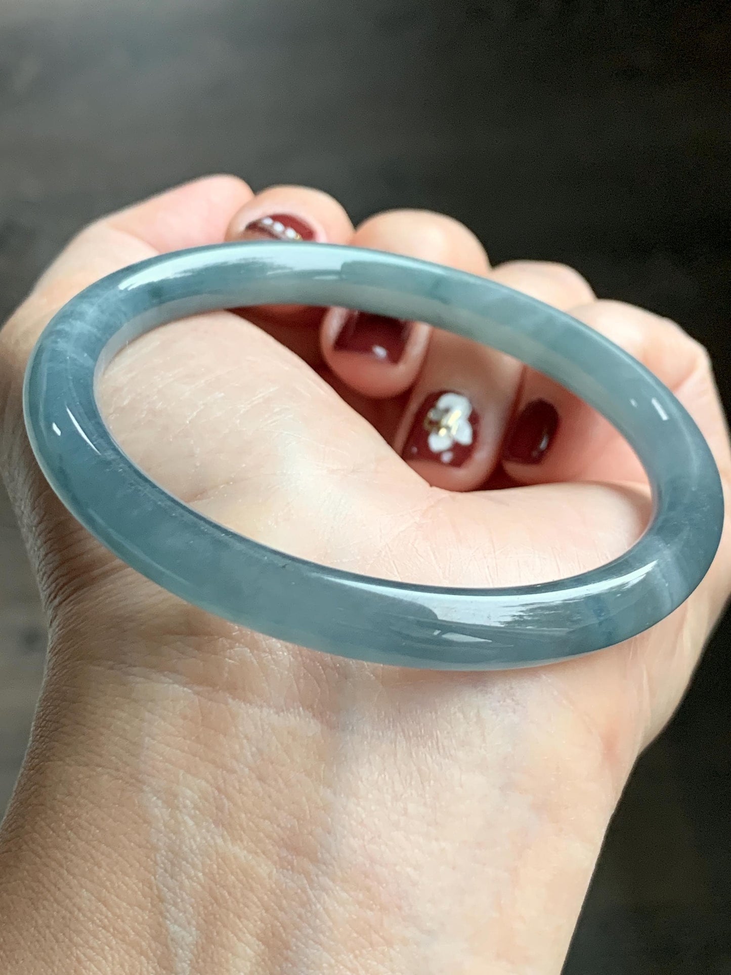 Certified Natural Grade A Guatemalan Icy Translucent Dusty Blue Marbled Jade Jadeite Bangle Bracelet 58.53mm 7.23” 30.3g 天然冰危蓝飘花翡翠圆条手镯 726