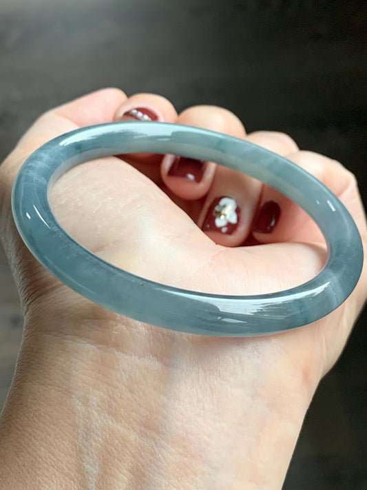 Certified Natural Grade A Guatemalan Icy Translucent Dusty Blue Marbled Jade Jadeite Bangle Bracelet 58.53mm 7.23” 30.3g 天然冰危蓝飘花翡翠圆条手镯 726