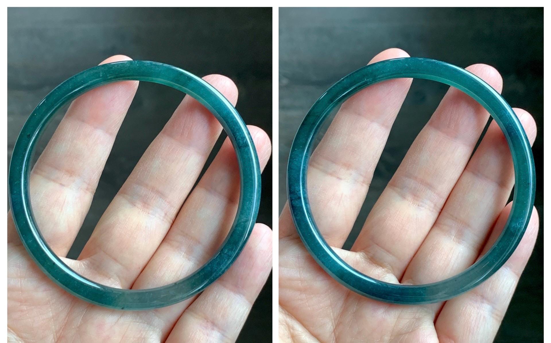 Certified Natural Grade A Guatemalan Icy Translucent Dark Teal Blue Jade Jadeite Slim Bangle 58.68mm 7.25” 16.6g 天然冰胶危深蓝绿翡翠细圆条手镯 729