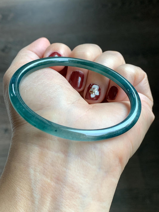 Certified Natural Grade A Guatemalan Icy Translucent Dark Teal Blue Jade Jadeite Slim Bangle 58.68mm 7.25” 16.6g 天然冰胶危深蓝绿翡翠细圆条手镯 729