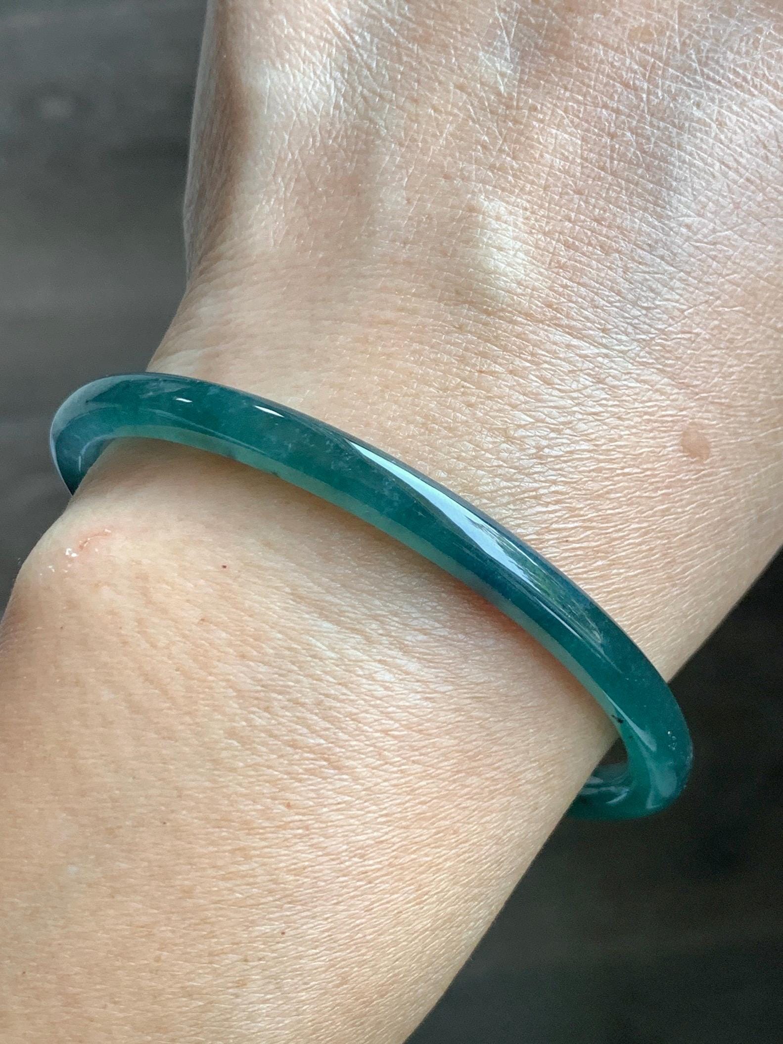Certified Natural Grade A Guatemalan Icy Translucent Dark Teal Blue Jade Jadeite Slim Bangle 58.68mm 7.25” 16.6g 天然冰胶危深蓝绿翡翠细圆条手镯 729