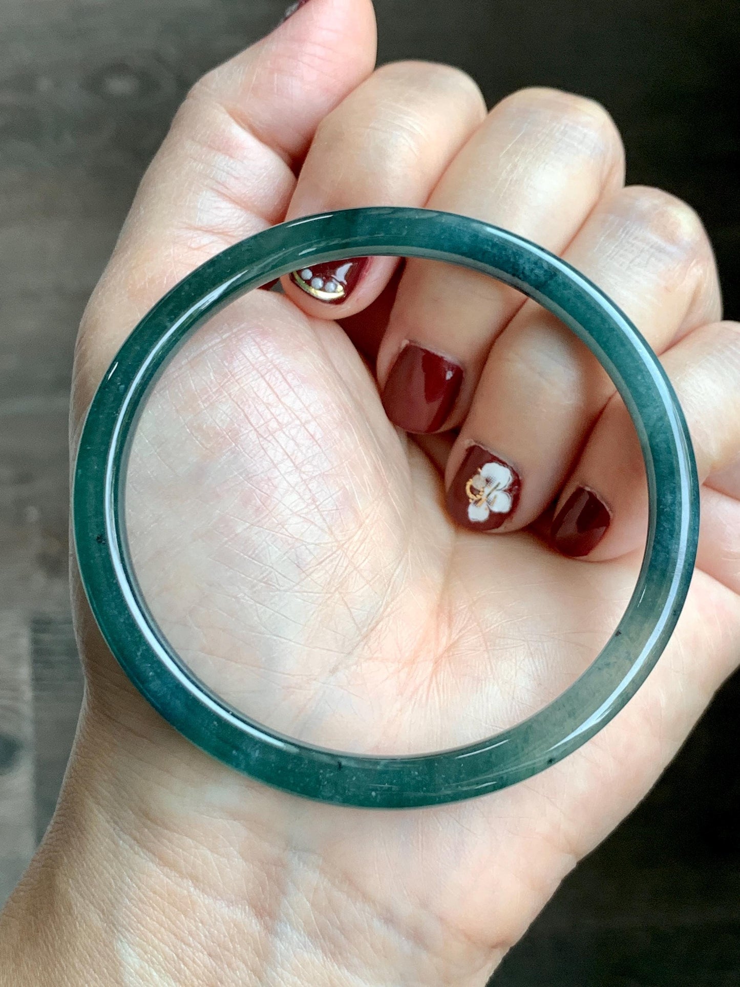 Certified Natural Grade A Guatemalan Icy Translucent Dark Teal Blue Jade Jadeite Slim Bangle 58.68mm 7.25” 16.6g 天然冰胶危深蓝绿翡翠细圆条手镯 729