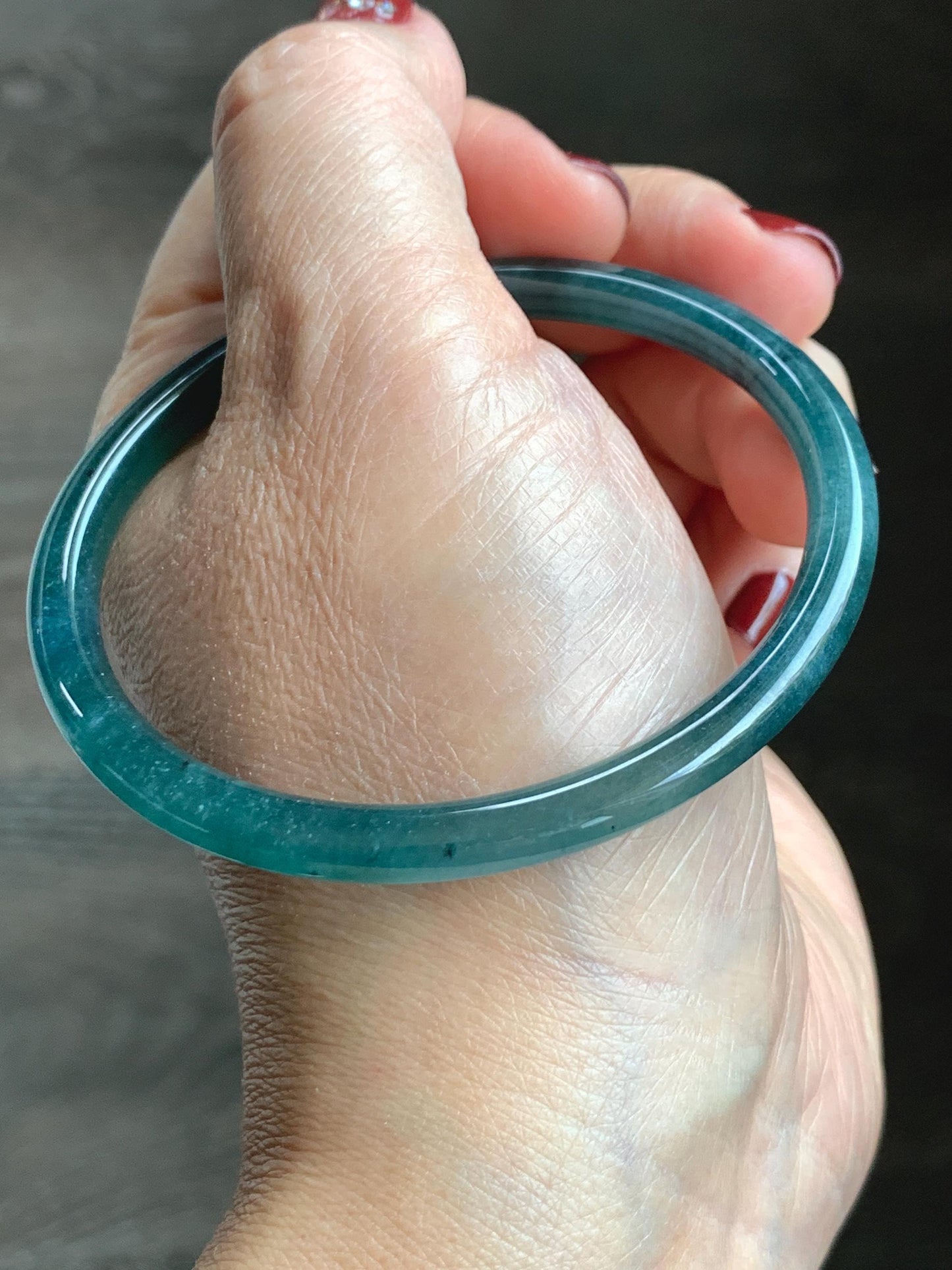 Certified Natural Grade A Guatemalan Icy Translucent Dark Teal Blue Jade Jadeite Slim Bangle 58.68mm 7.25” 16.6g 天然冰胶危深蓝绿翡翠细圆条手镯 729