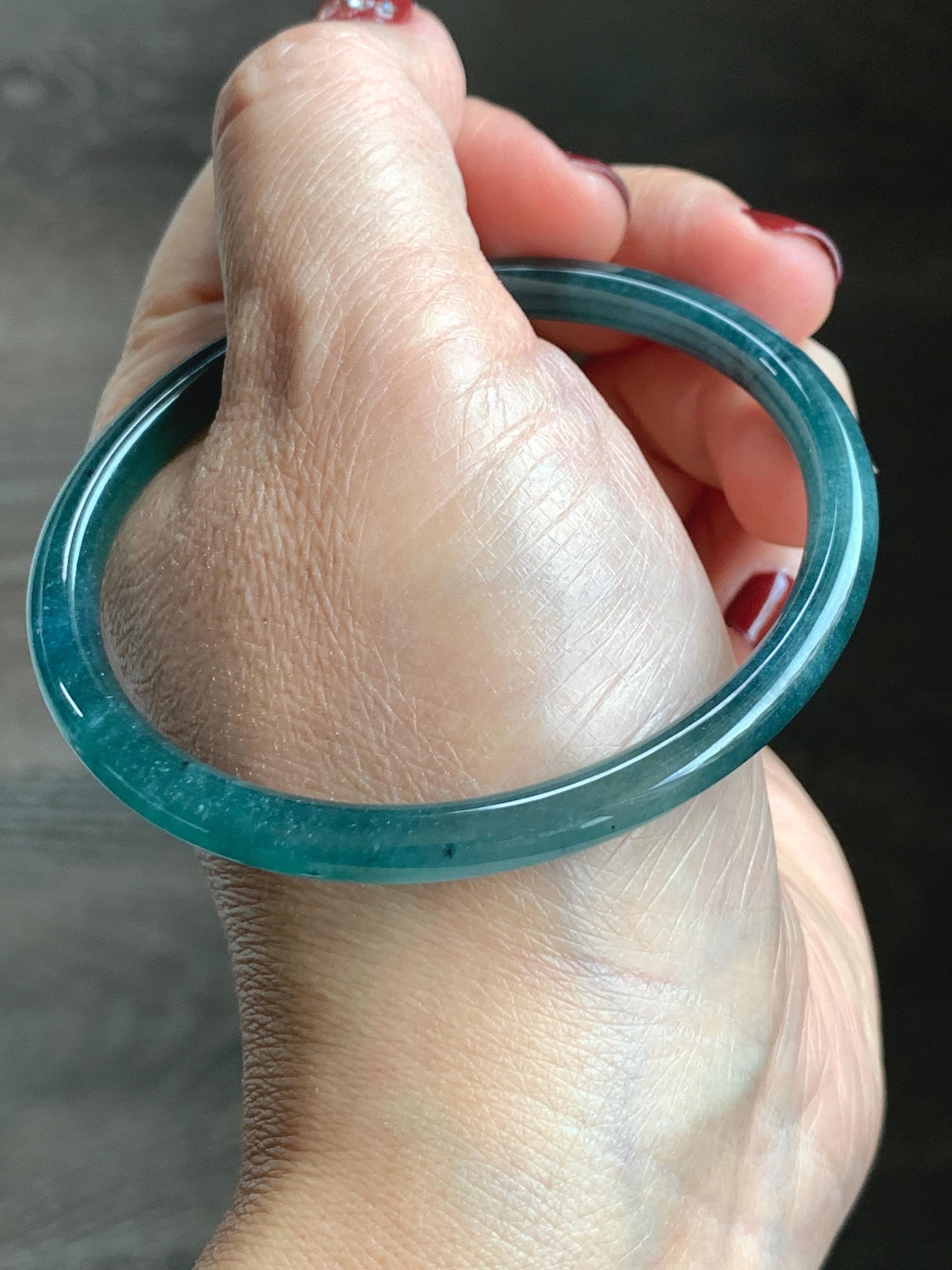 Certified Natural Grade A Guatemalan Icy Translucent Dark Teal Blue Jade Jadeite Slim Bangle 58.68mm 7.25” 16.6g 天然冰胶危深蓝绿翡翠细圆条手镯 729