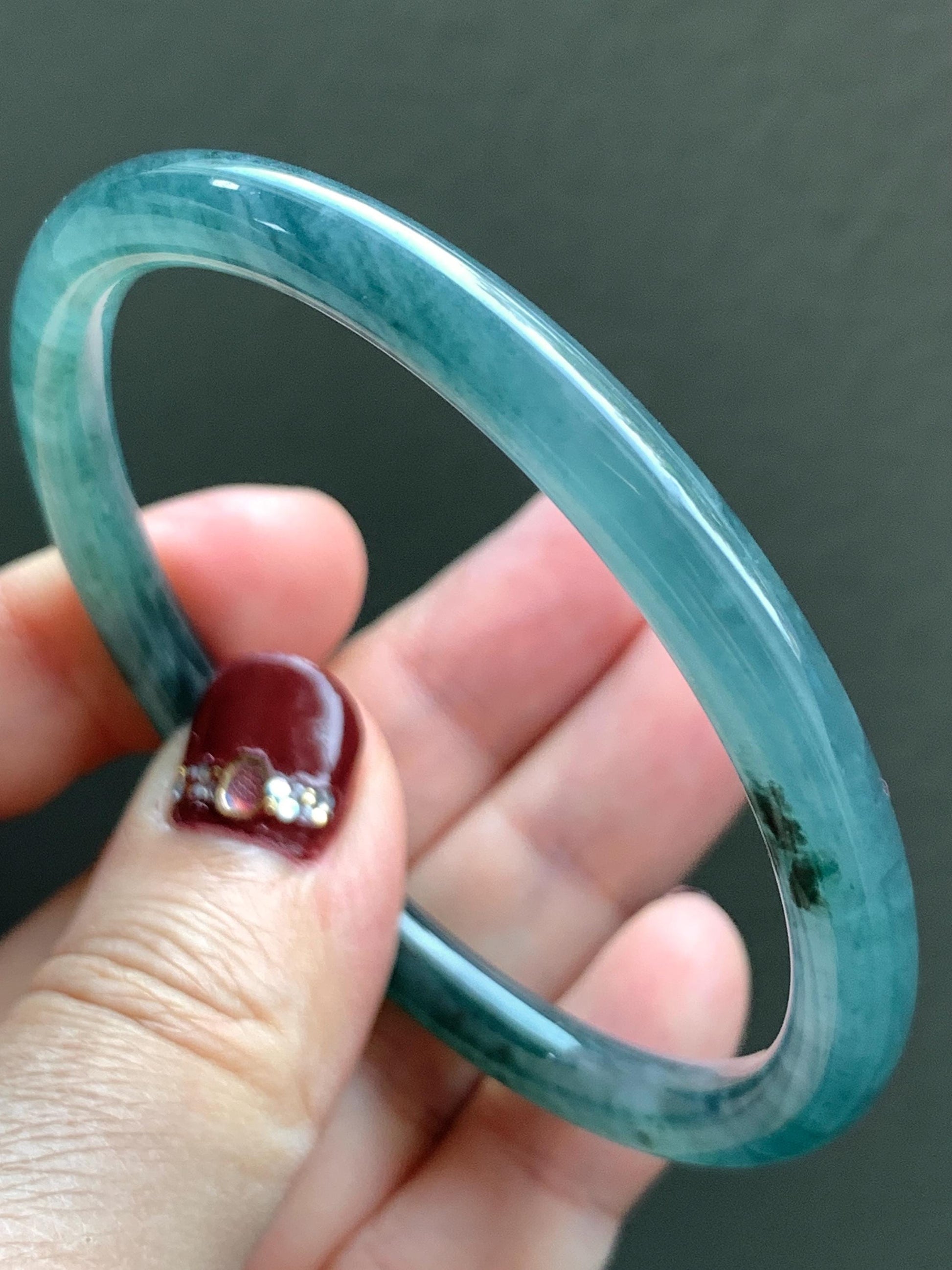 Certified Natural Grade A Guatemalan Icy Highly Translucent Dark Teal Blue Jade Jadeite Slim Bangle 57.42mm 7” 19.75g 天然冰胶危深蓝绿翡翠细圆条手镯 722