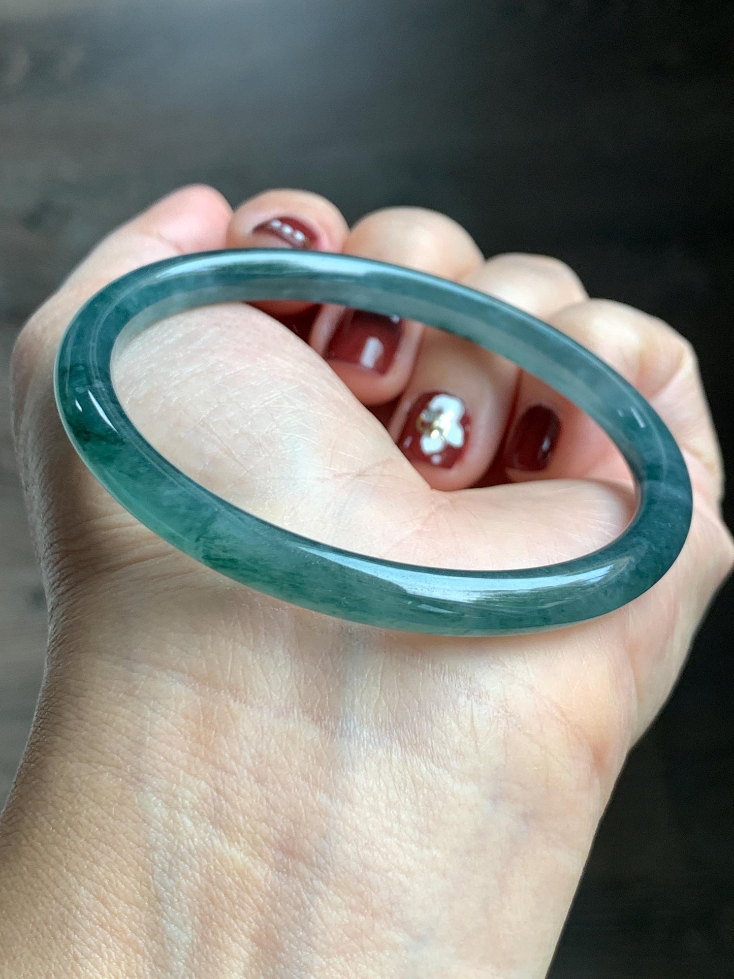 Certified Natural Grade A Guatemalan Icy Highly Translucent Dark Teal Blue Jade Jadeite Slim Bangle 57.42mm 7” 19.75g 天然冰胶危深蓝绿翡翠细圆条手镯 722
