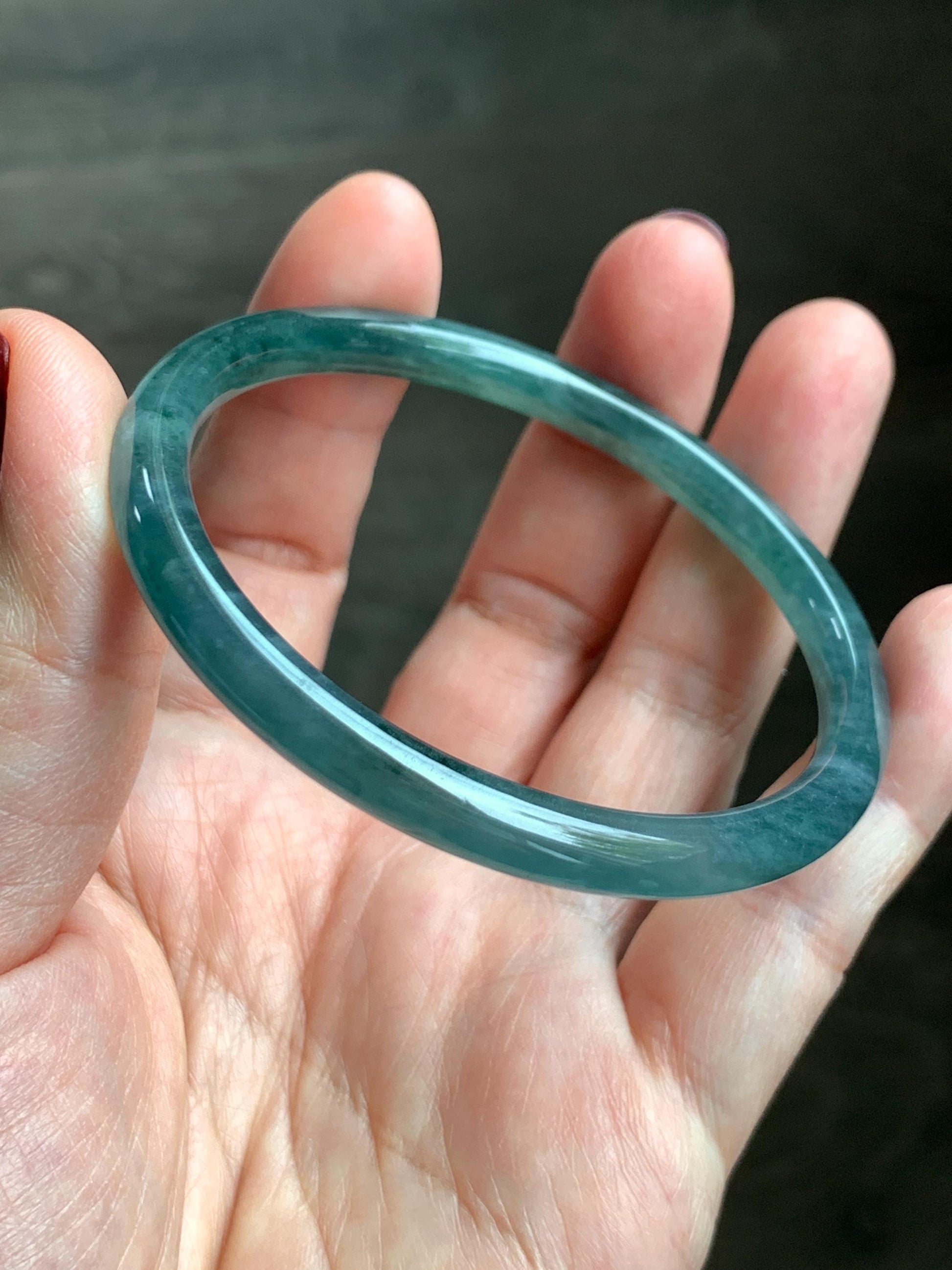 Certified Natural Grade A Guatemalan Icy Highly Translucent Dark Teal Blue Jade Jadeite Slim Bangle 57.42mm 7” 19.75g 天然冰胶危深蓝绿翡翠细圆条手镯 722