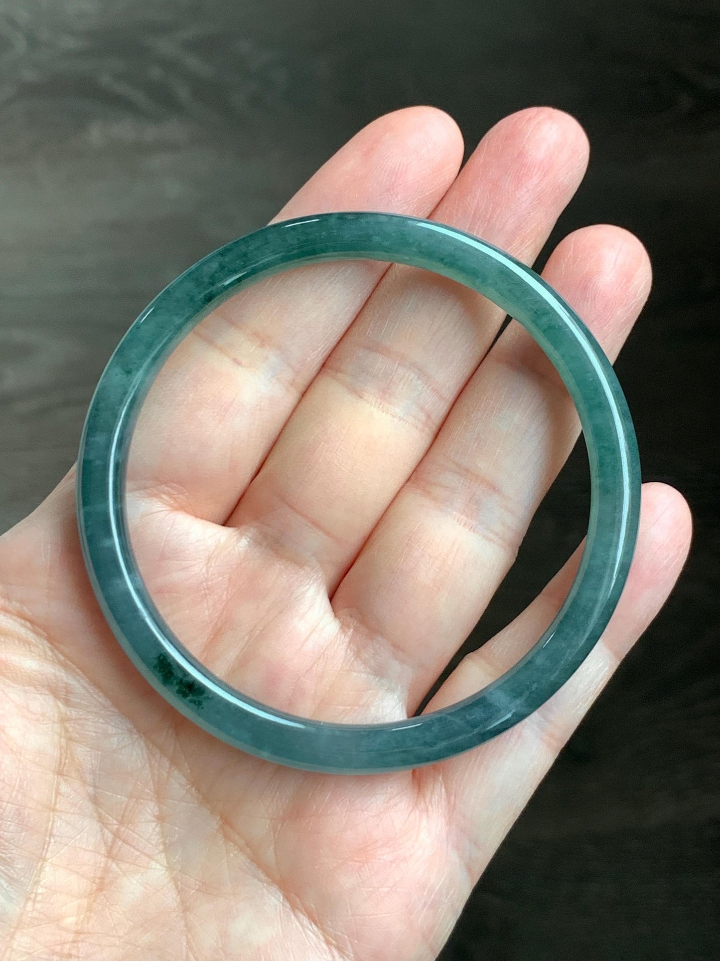 Certified Natural Grade A Guatemalan Icy Highly Translucent Dark Teal Blue Jade Jadeite Slim Bangle 57.42mm 7” 19.75g 天然冰胶危深蓝绿翡翠细圆条手镯 722
