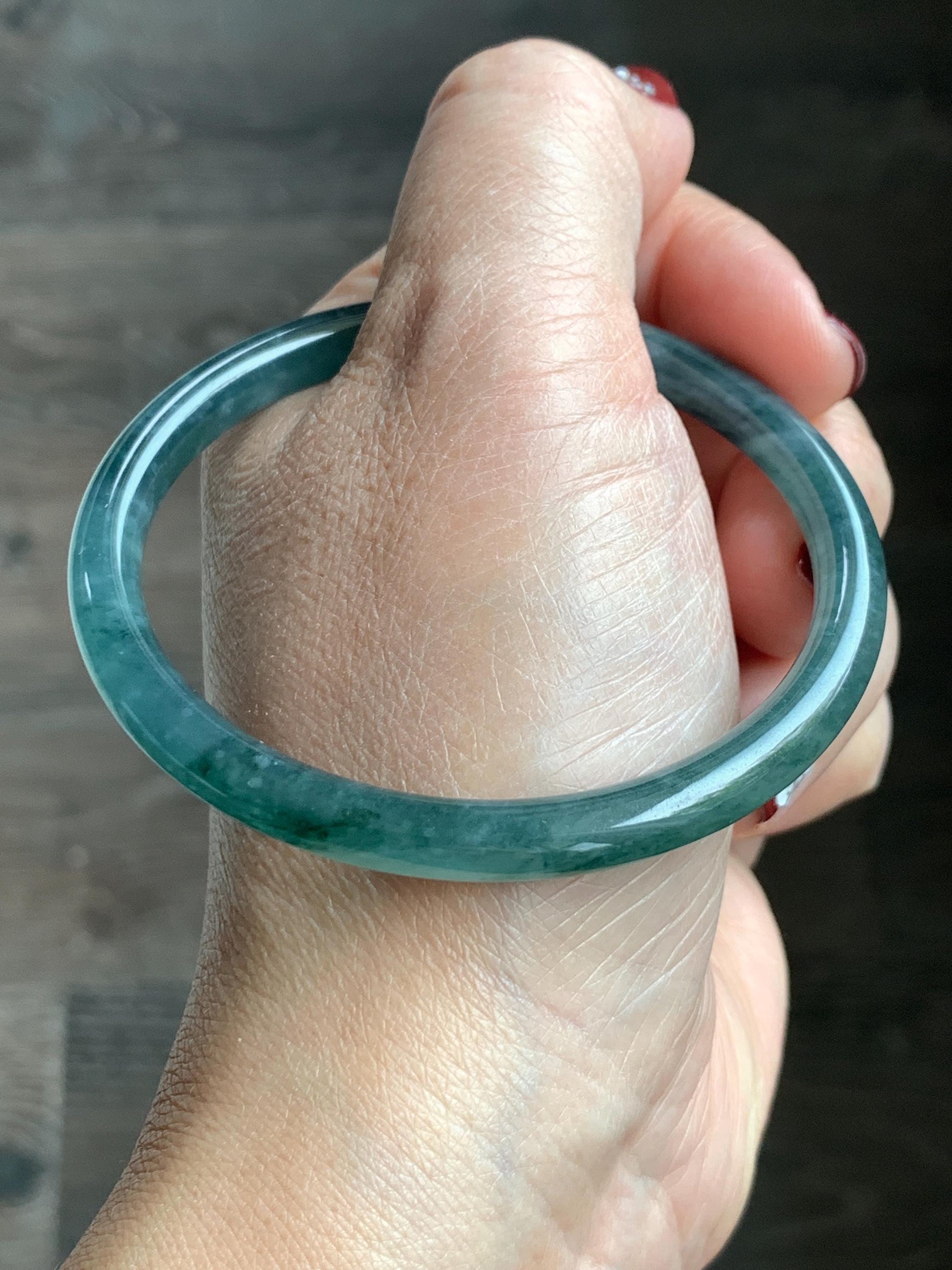 Certified Natural Grade A Guatemalan Icy Highly Translucent Dark Teal Blue Jade Jadeite Slim Bangle 57.42mm 7” 19.75g 天然冰胶危深蓝绿翡翠细圆条手镯 722