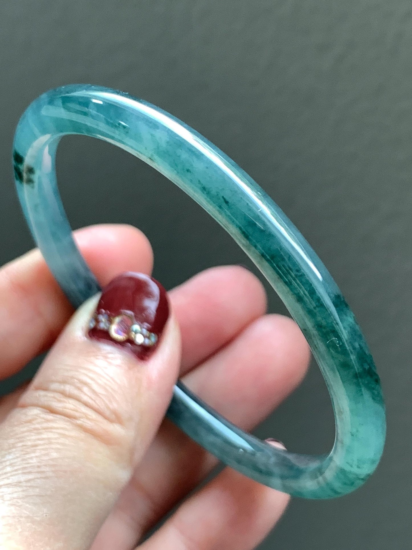 Certified Natural Grade A Guatemalan Icy Highly Translucent Dark Teal Blue Jade Jadeite Slim Bangle 57.42mm 7” 19.75g 天然冰胶危深蓝绿翡翠细圆条手镯 722